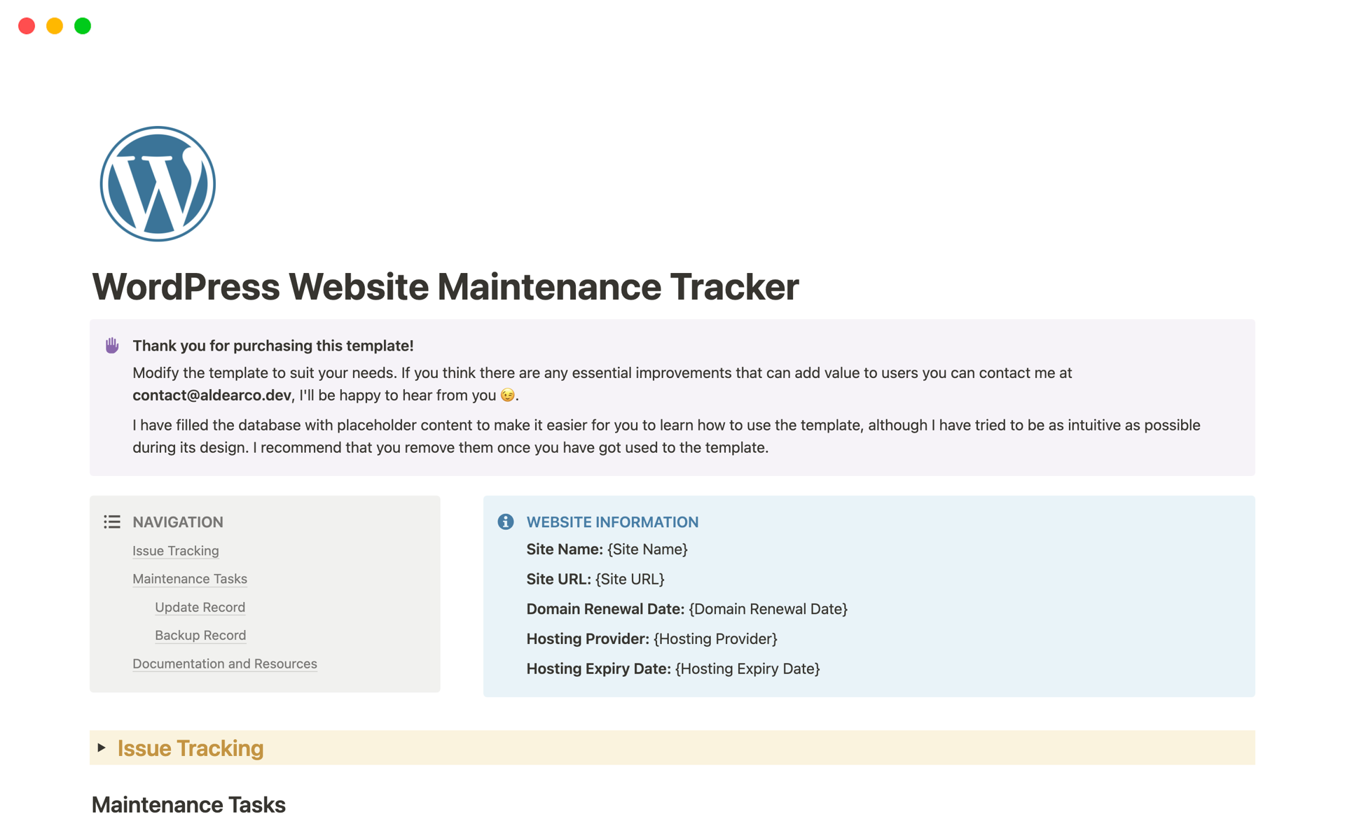 Uma prévia do modelo para WordPress Website Maintenance Tracker