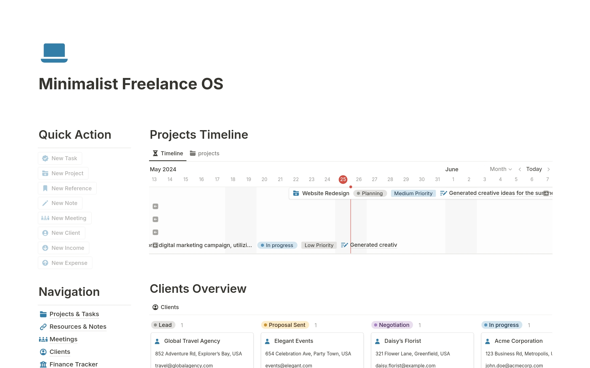 En forhåndsvisning av mal for Minimalist Freelance OS
