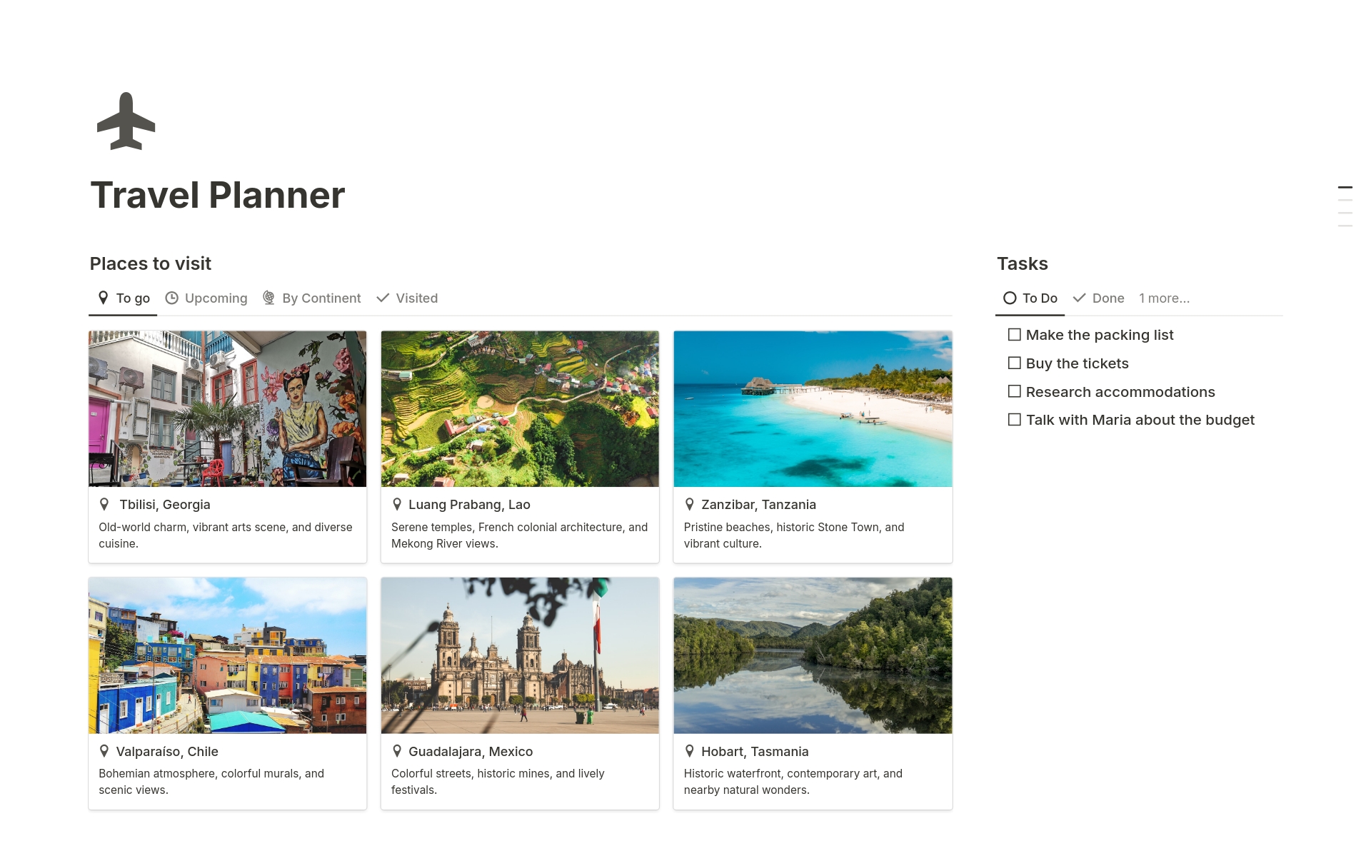 Simplify your travel planning with this Notion template. Organize trips, track itineraries, create tasks, add participants, document where you’ve been, and attach documents or URLs to your itinerary. Start planning your adventures today!
