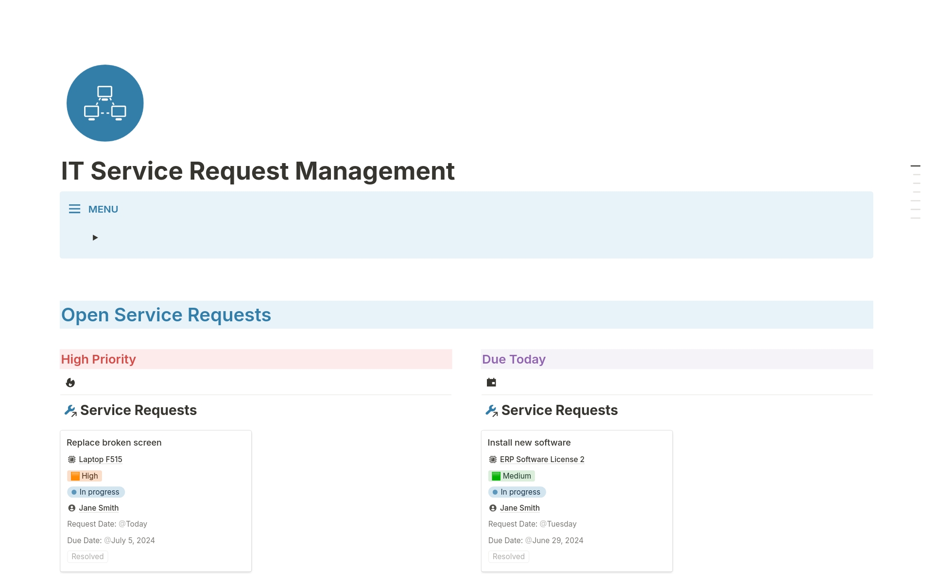 Enhance your company's internal IT operations with this comprehensive Notion Template. This powerful tool is designed to streamline the management of employee service requests and track company assets efficiently.
