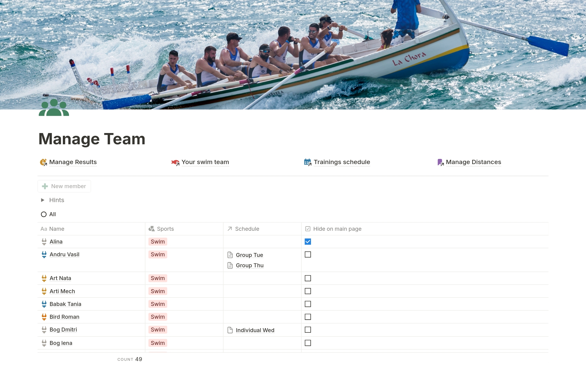 This tool is designed for swim trainers and sports team (family teams) managers. Features:
- Stores and shares all training results for each member.
- Stores and shares regular training schedules and attendances.
- Automatically calculates pace per 100m.