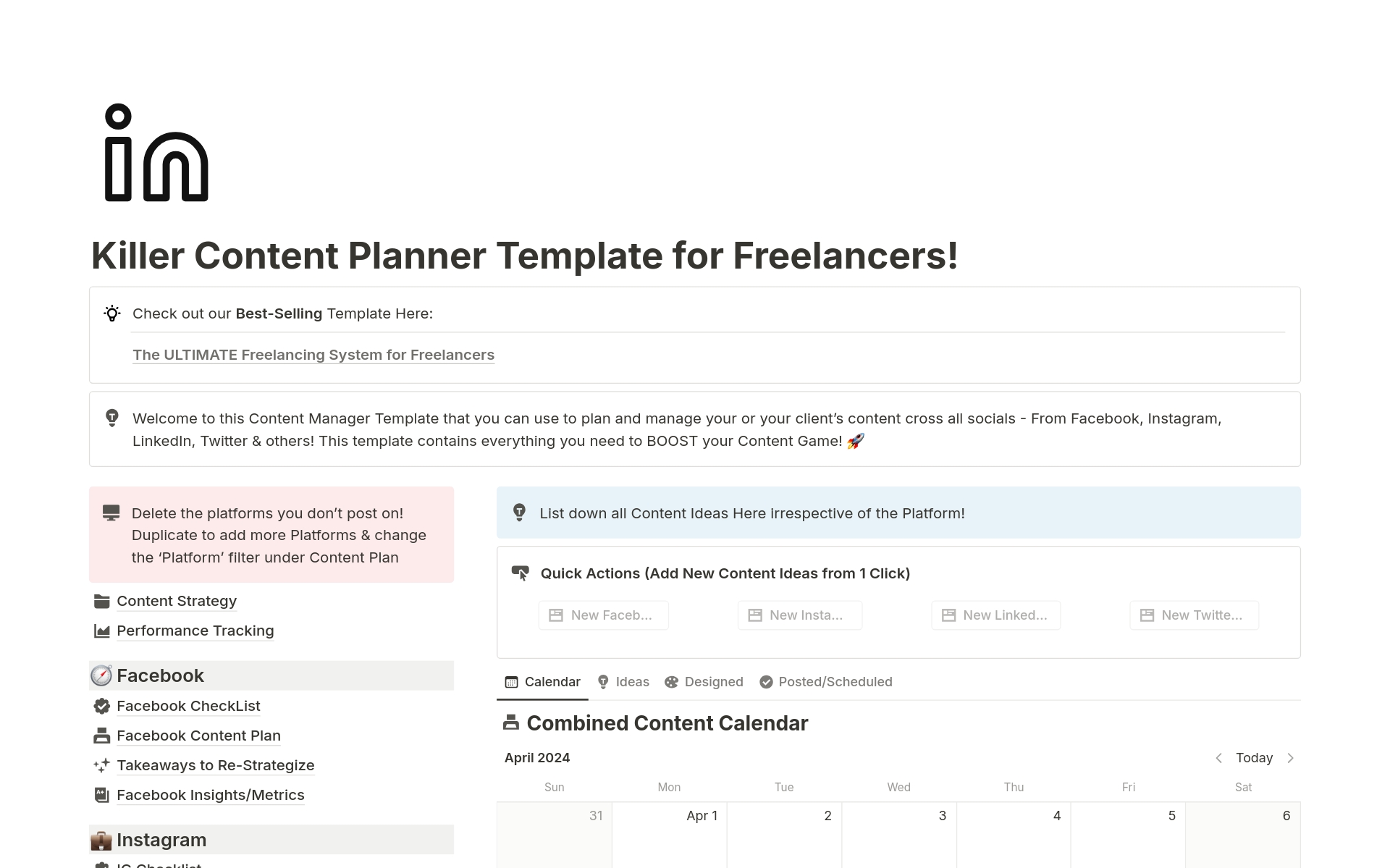 Uma prévia do modelo para Killer Content Planner for Freelancers & Creators!