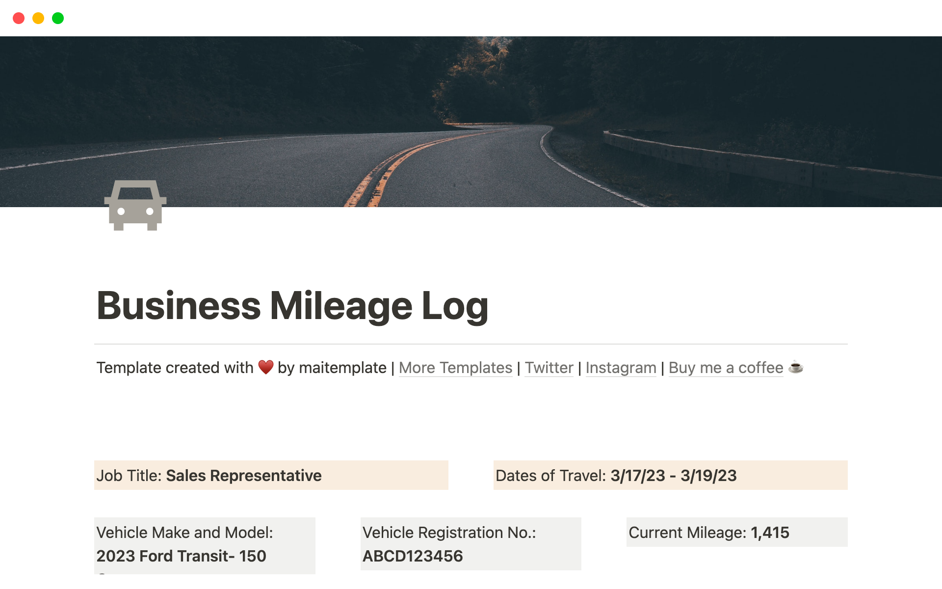 Vista previa de plantilla para Business Mileage Log