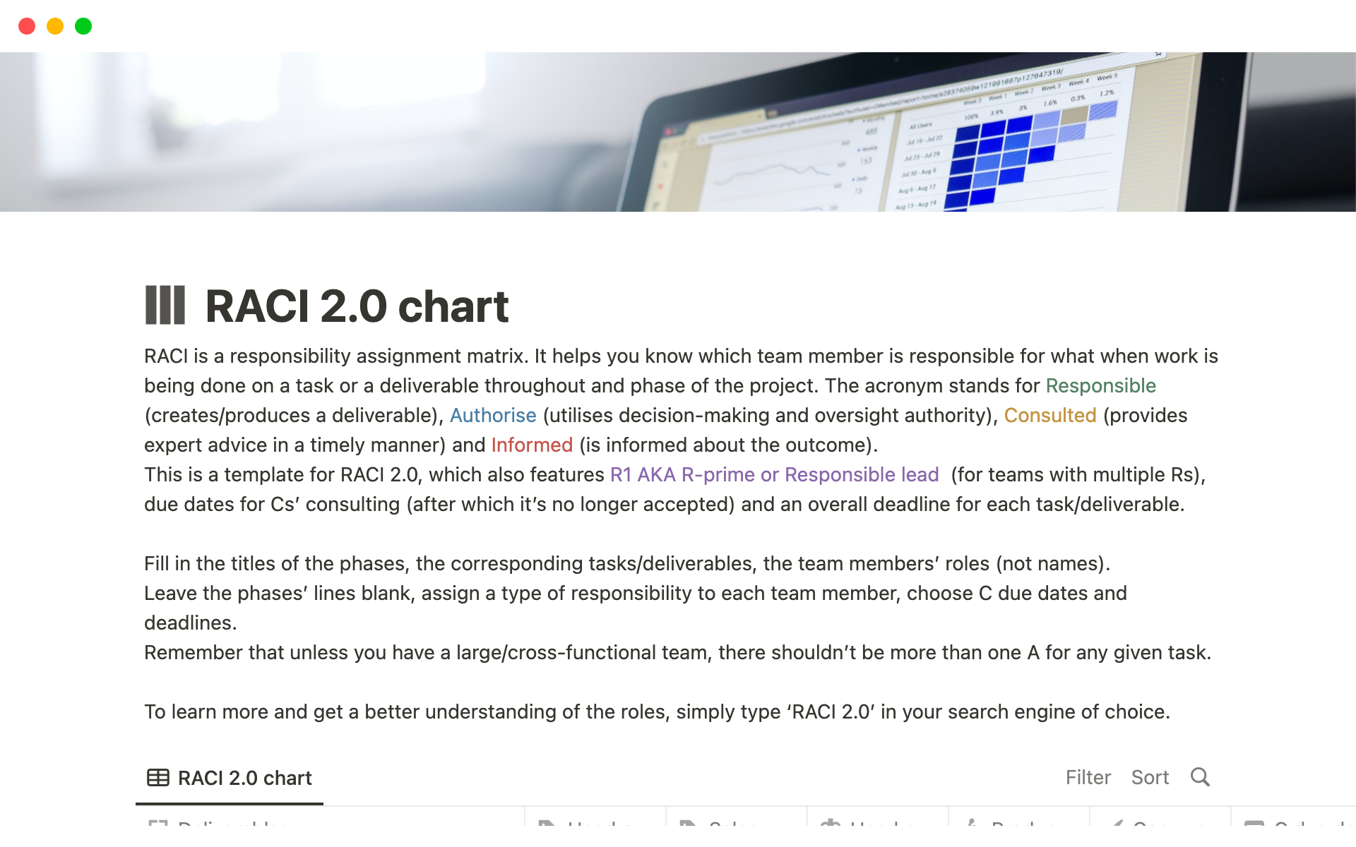 En forhåndsvisning av mal for RACI 2.0 chart