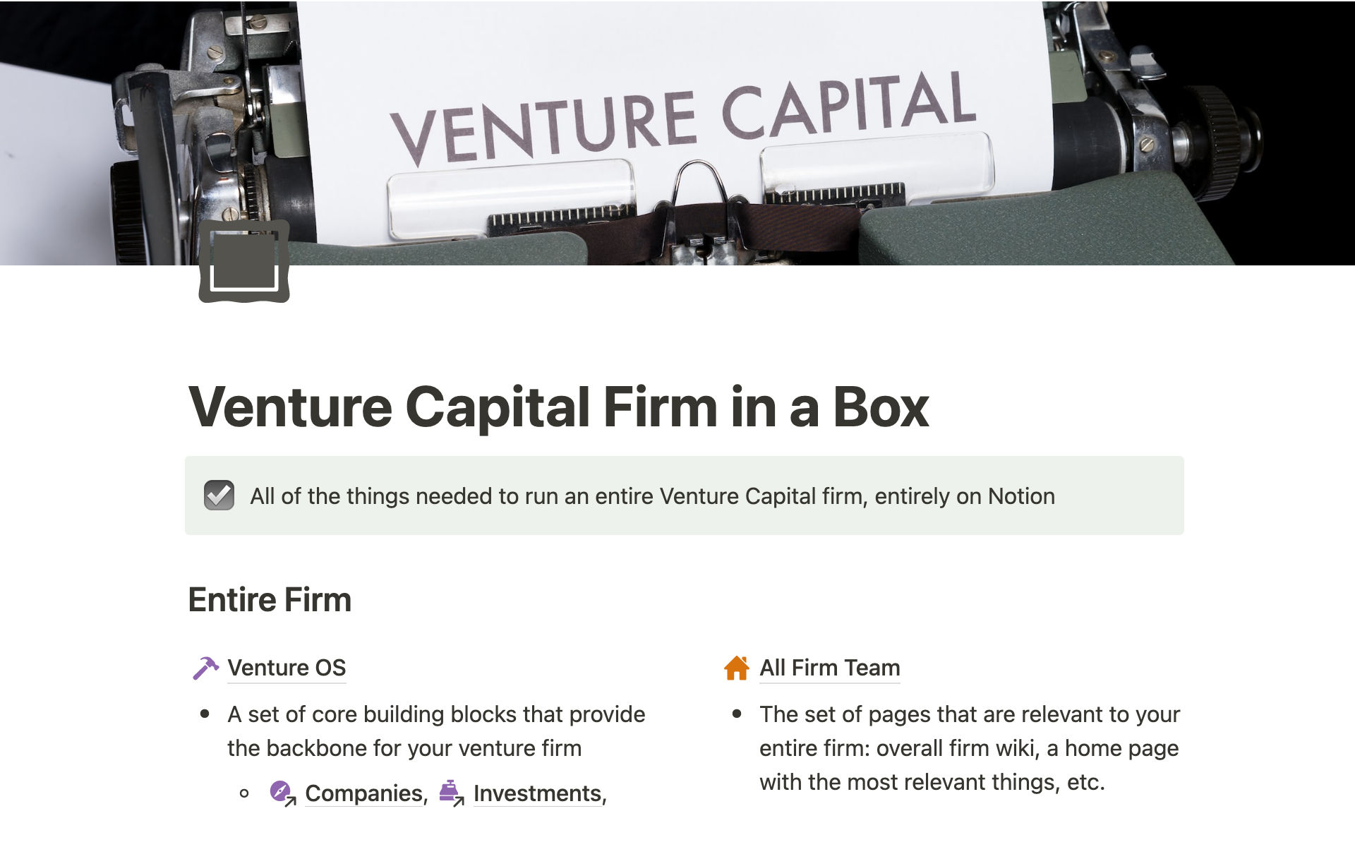 En forhåndsvisning av mal for Venture Capital Firm in a Box