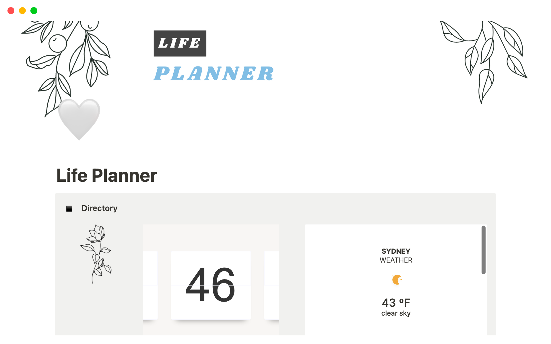 Uma prévia do modelo para Life Planner Notion Template - Calendar, Tasks, Wellbeing