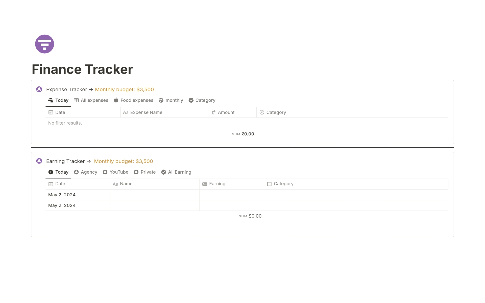 Uma prévia do modelo para Full Finance Tracker Separately 