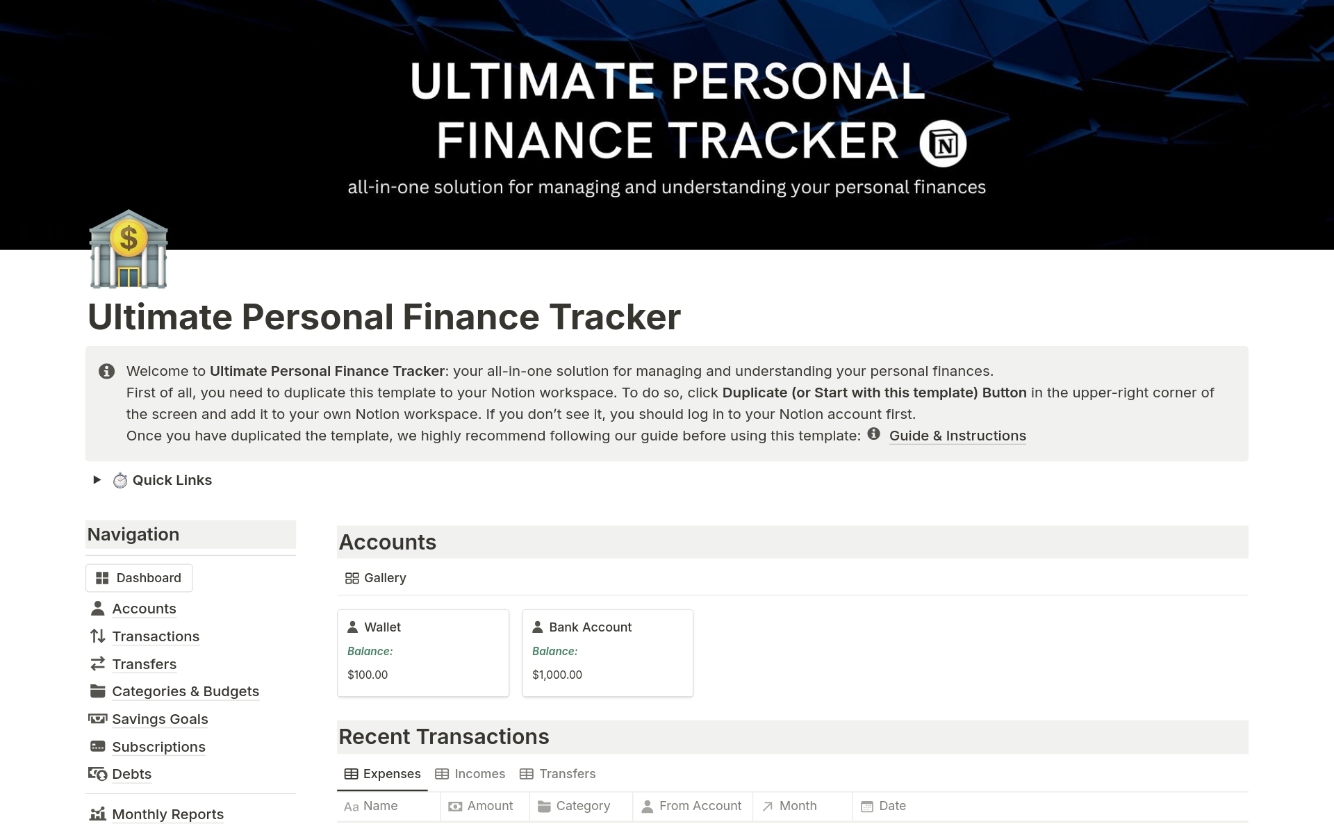 Uma prévia do modelo para Ultimate Personal Finance Tracker