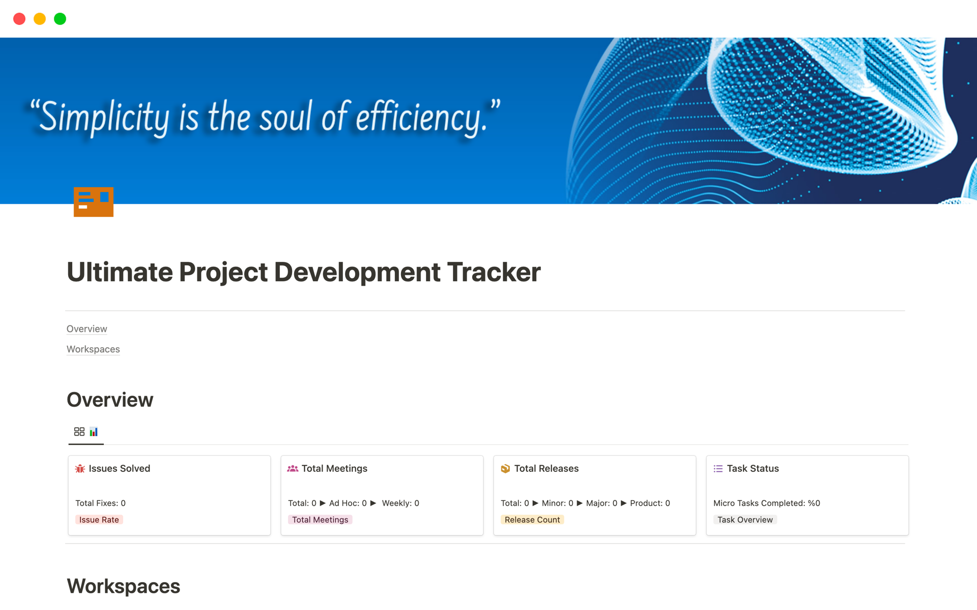 En forhåndsvisning av mal for Ultimate Project Development Tracker