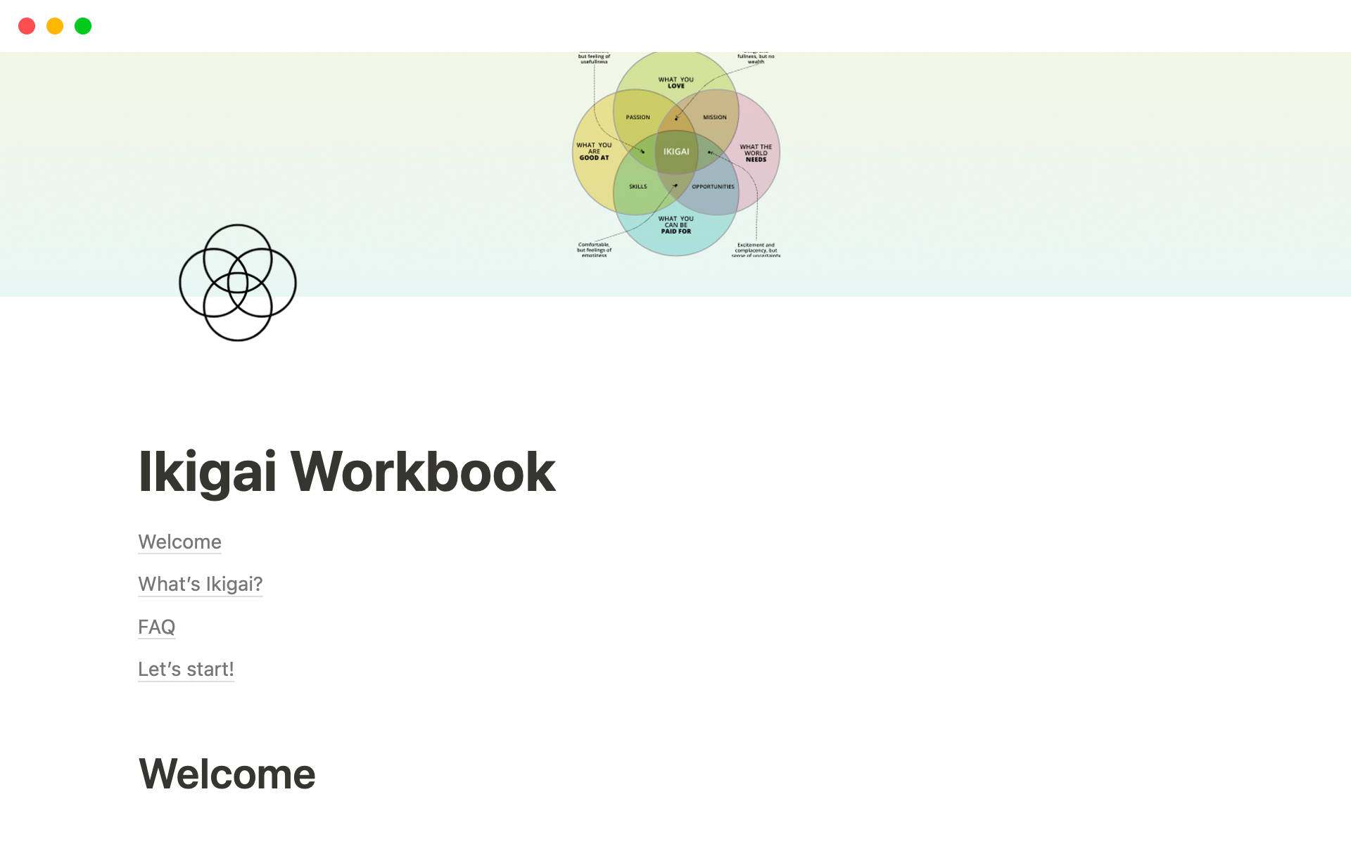 Vista previa de una plantilla para Ikigai Workbook
