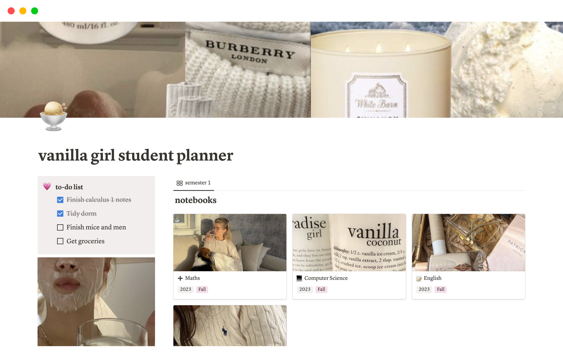 Organise your assignments, projects, clubs, and to-dos with an aesthetic vanilla girl themed Notion template for students.