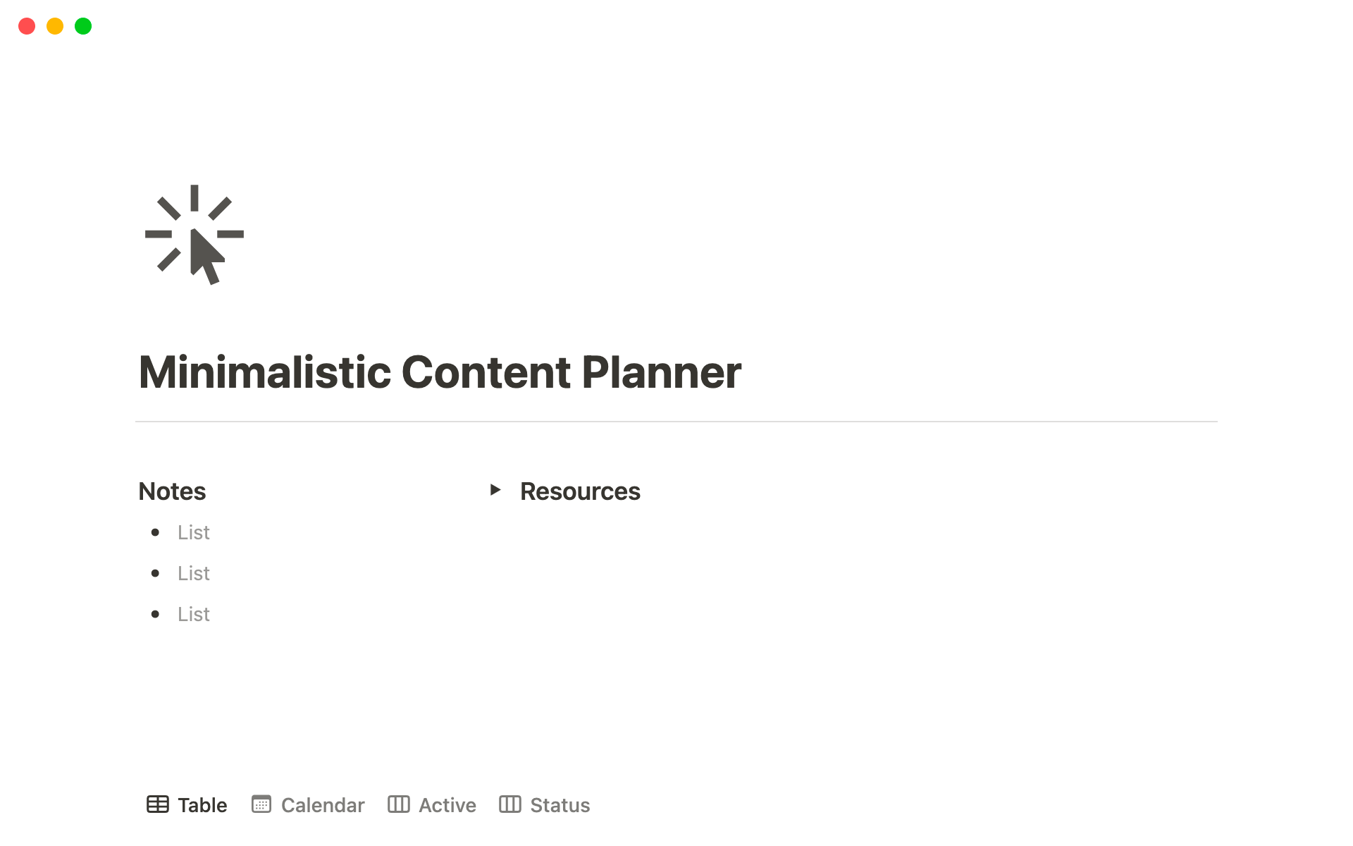 En forhåndsvisning av mal for Minimalistic Content Planner