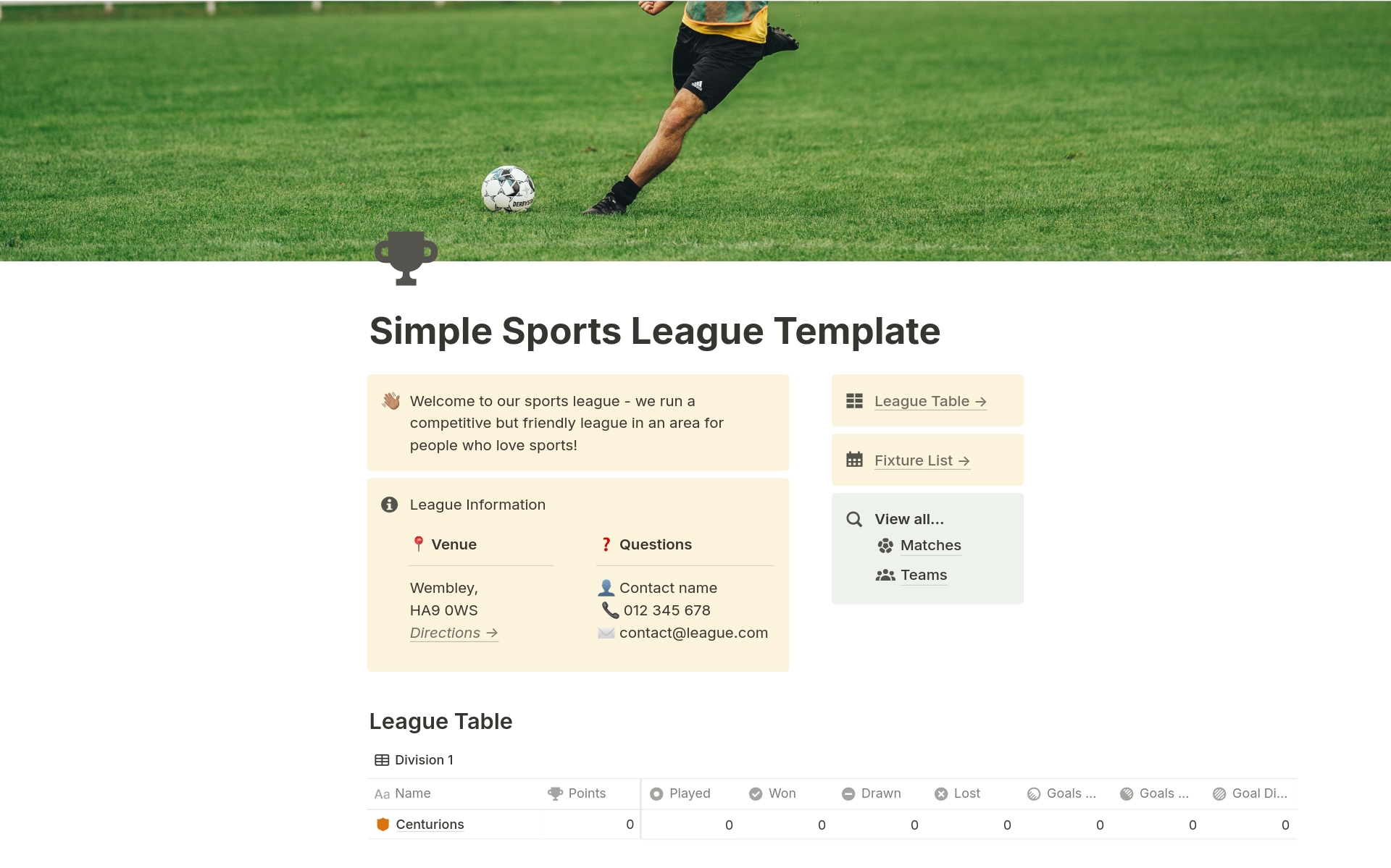 Use this basic sports league template for easy league management, quick setup and easy updates for your teams & players.