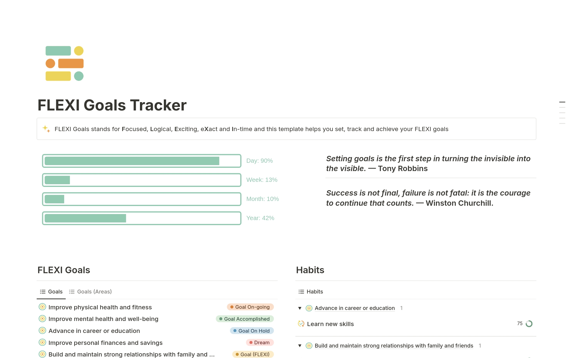 Vista previa de una plantilla para FLEXI Goals Tracker