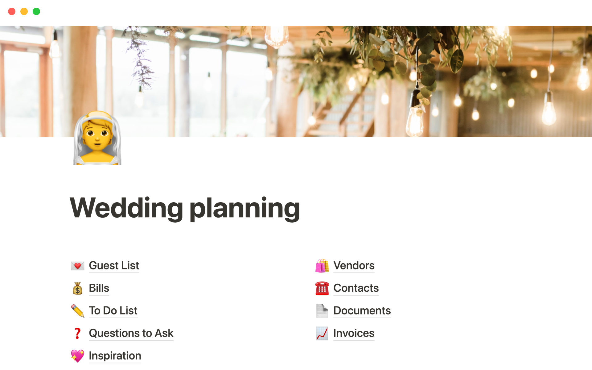 En förhandsgranskning av mallen för Wedding planning