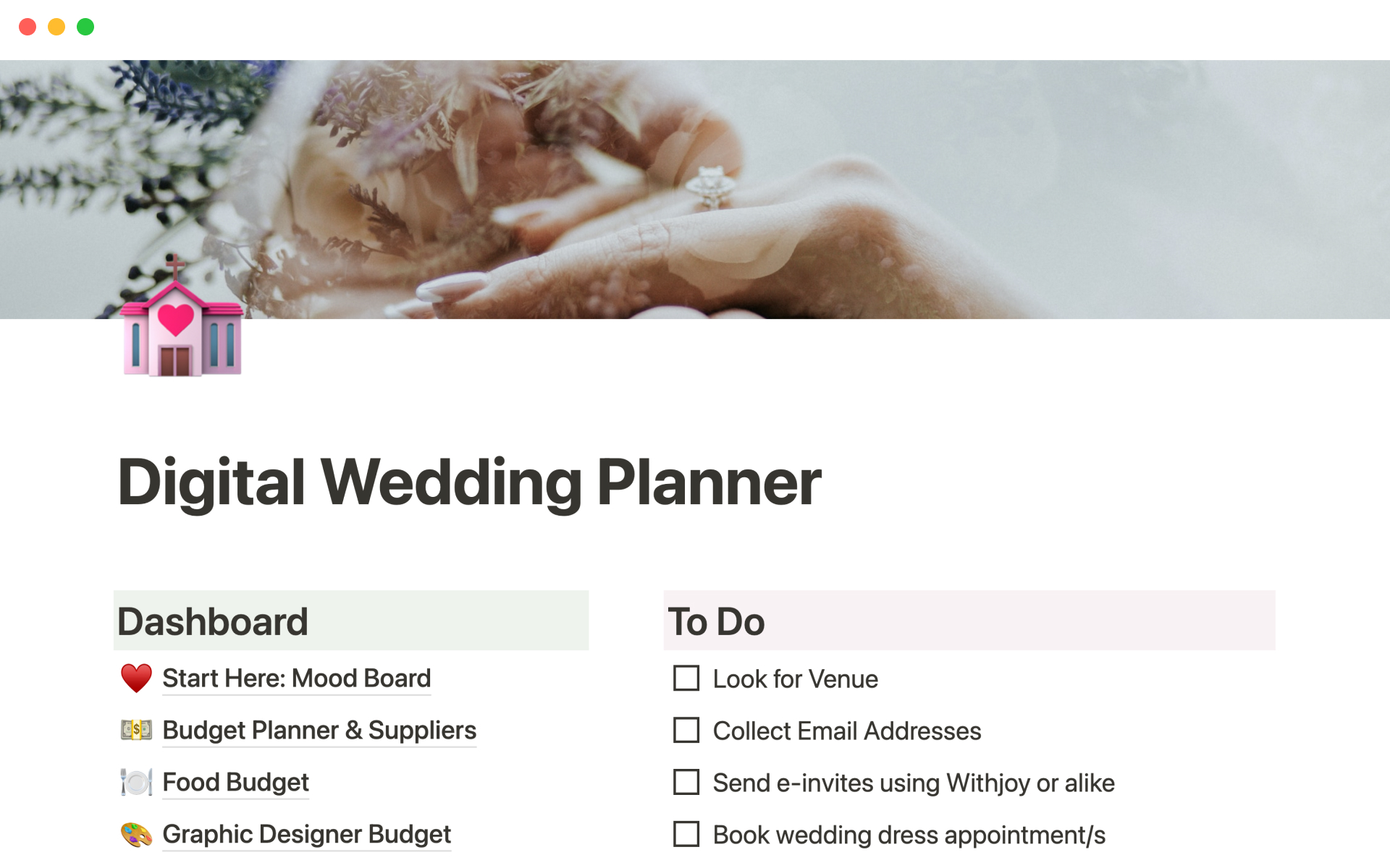 En förhandsgranskning av mallen för Digital wedding planner