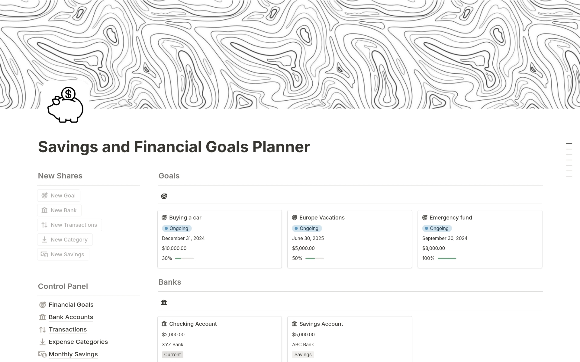 En förhandsgranskning av mallen för Savings and Financial Goals Planner