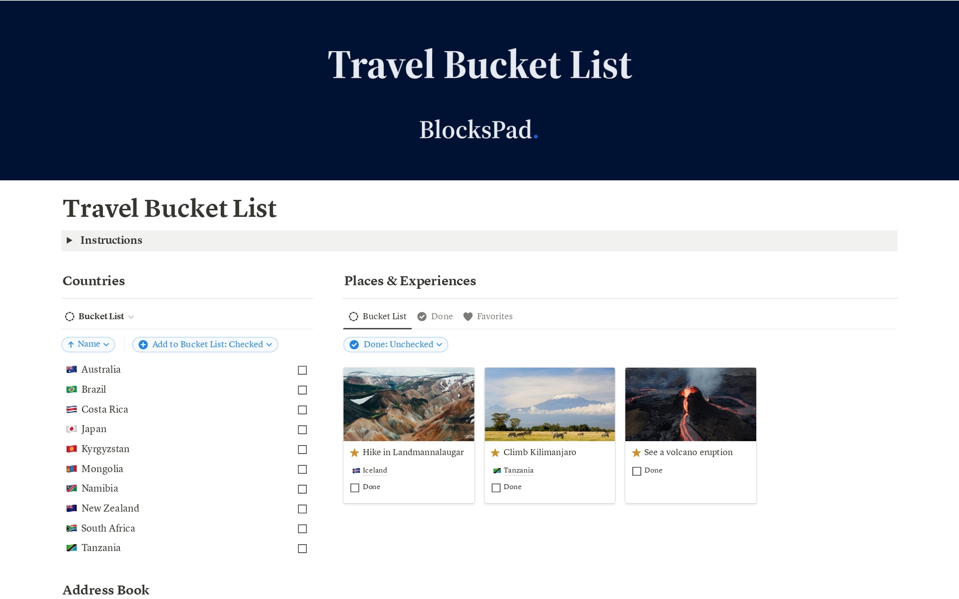 En förhandsgranskning av mallen för Travel Bucket List