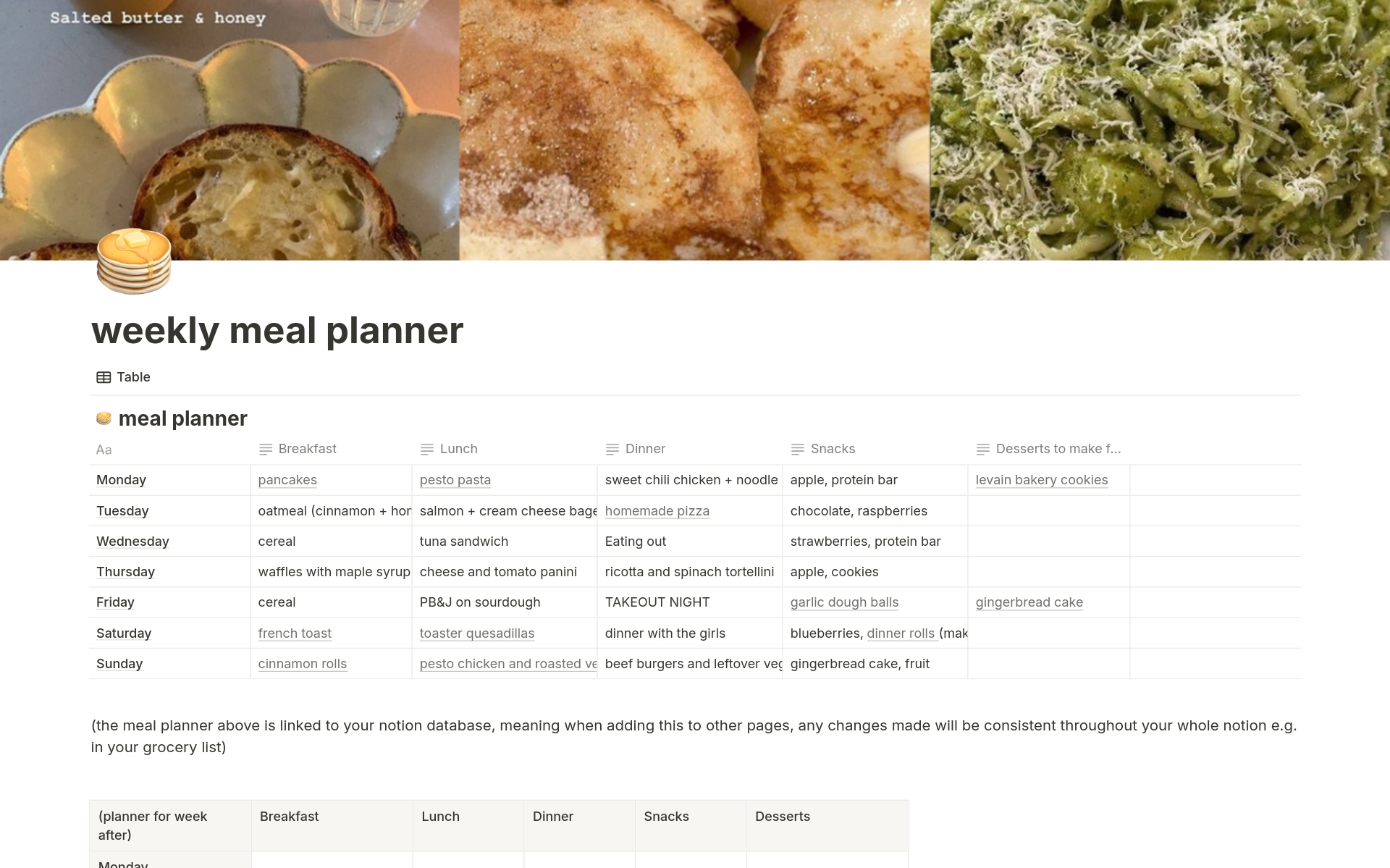 A super cute and aesthetic notion meal planner template that is so easy and simple to use! Perfect for students or anyone else who wants to organise their meals + groceries!