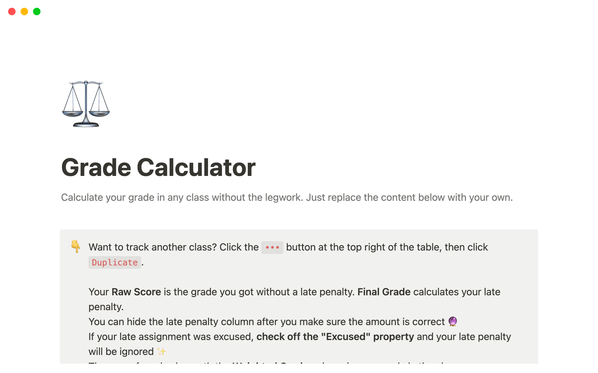 En forhåndsvisning av mal for Grade calculator