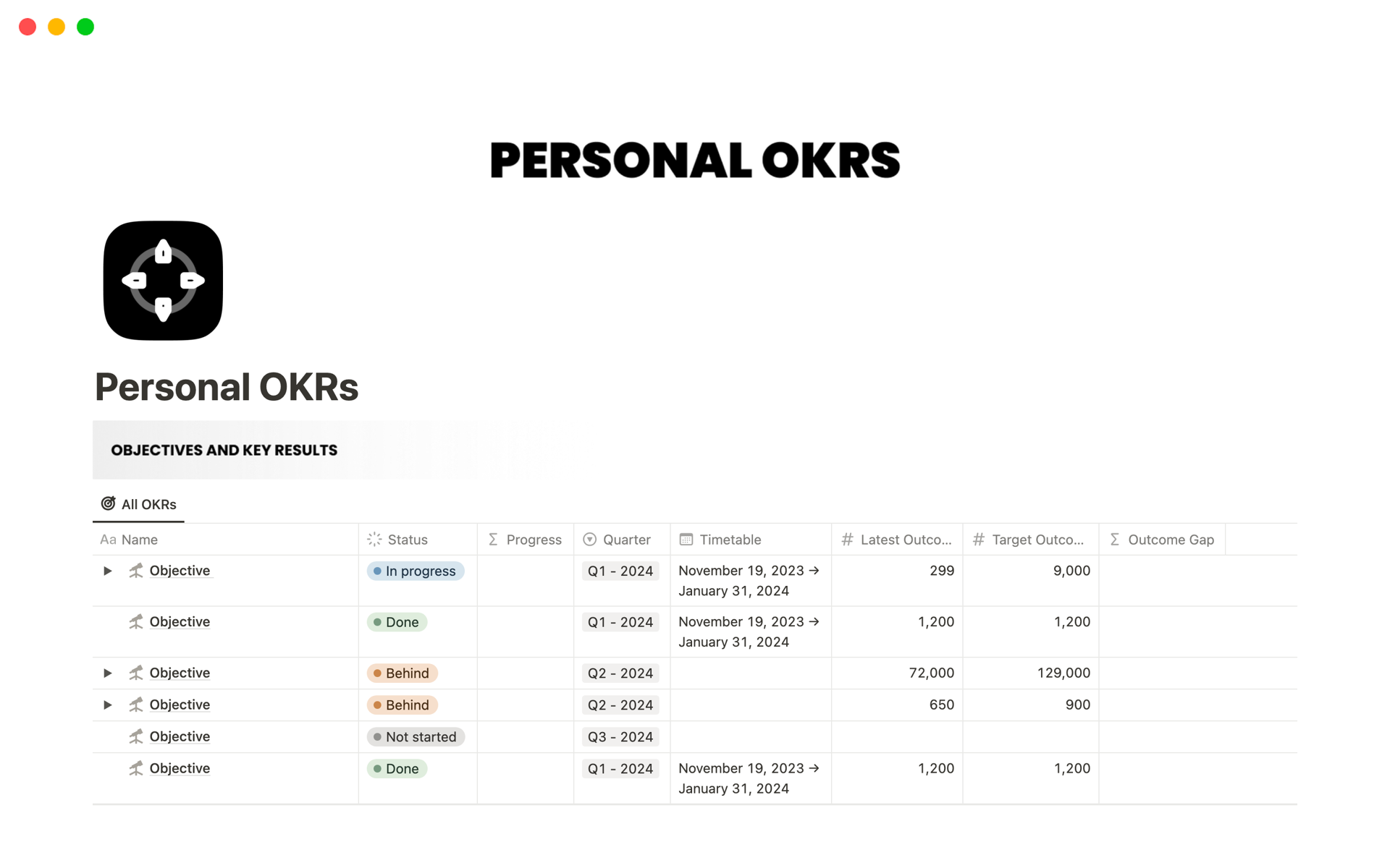 Vista previa de plantilla para Personal OKRs (Objectives and Key Results)