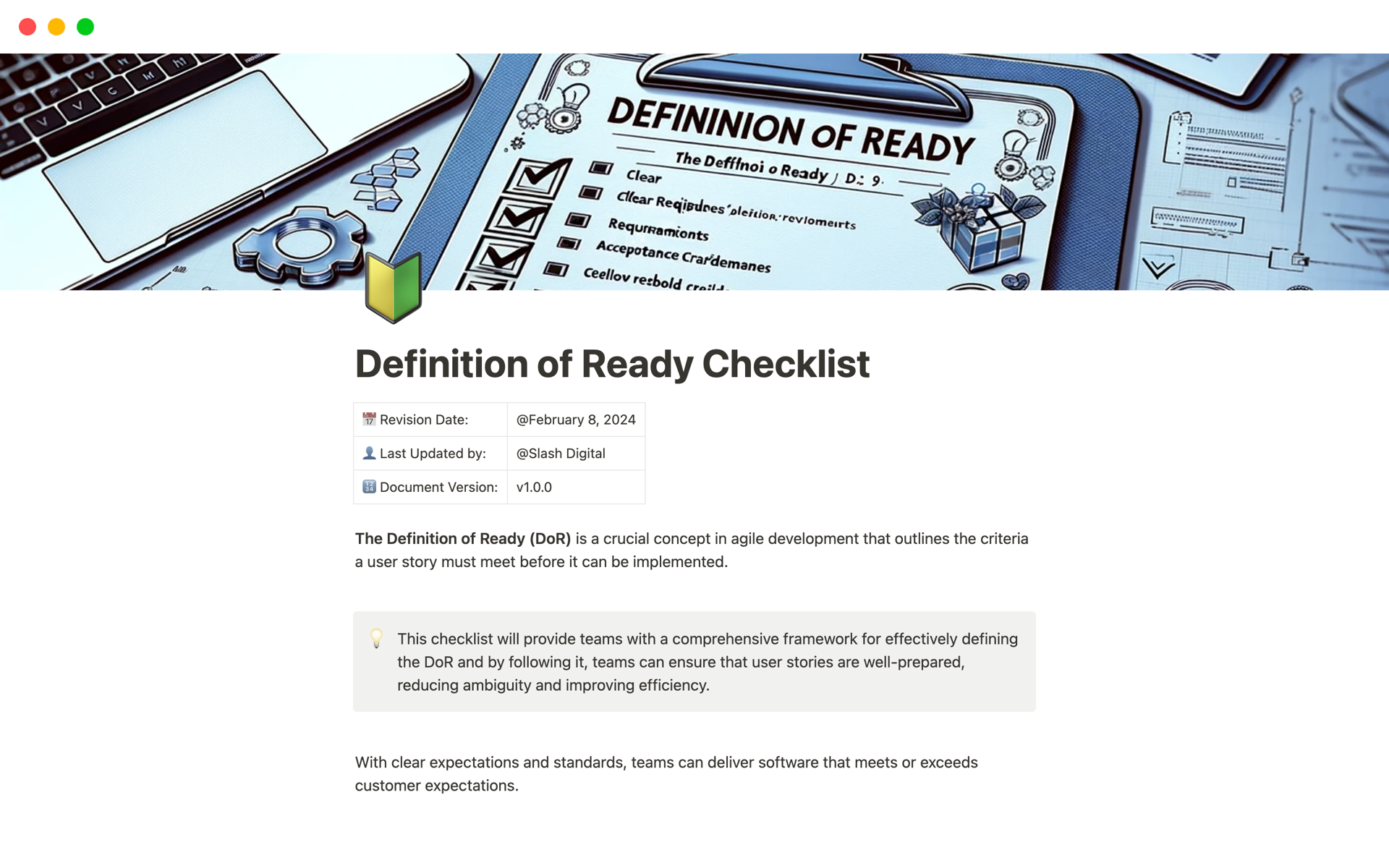 En forhåndsvisning av mal for Definition of Ready Checklist