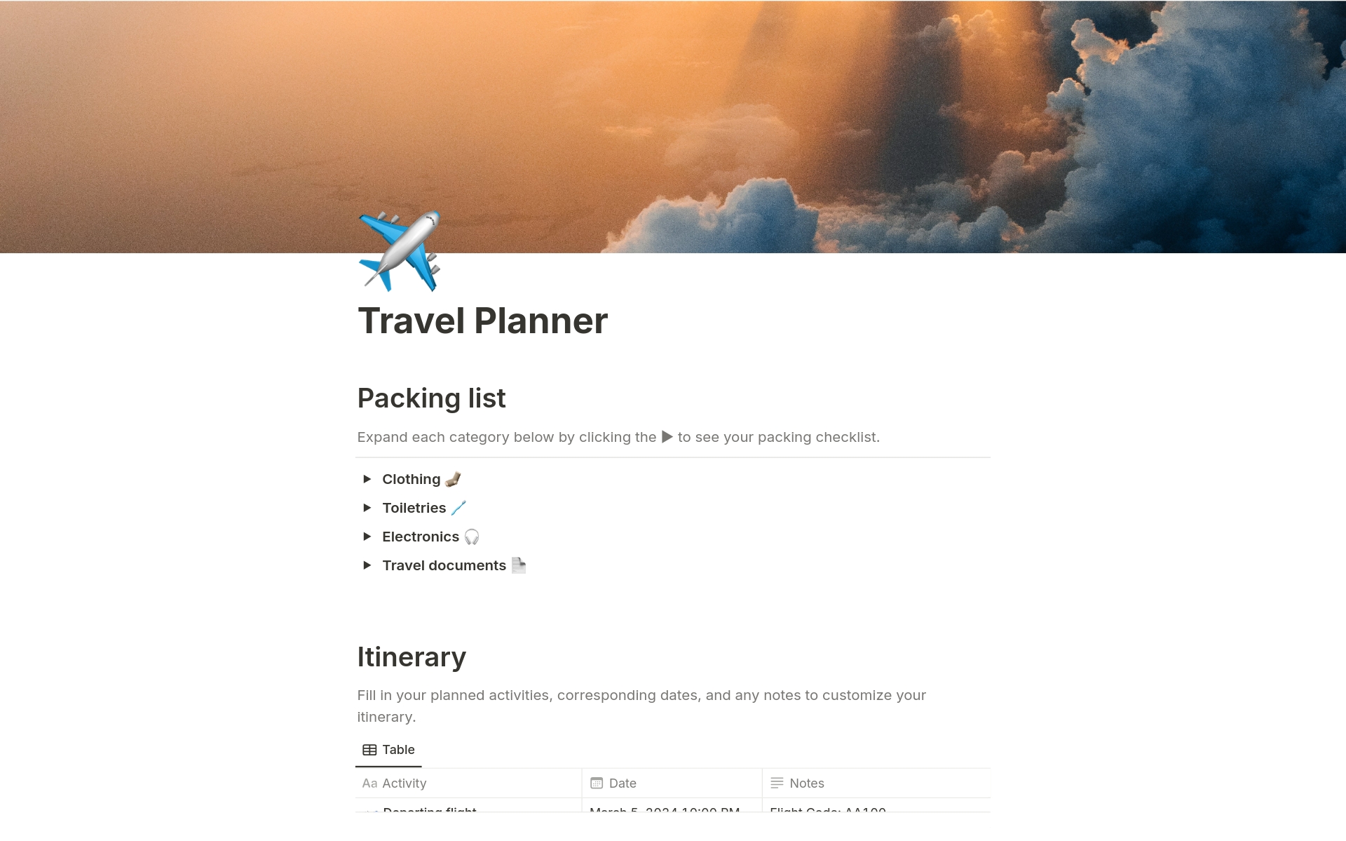 En förhandsgranskning av mallen för Simple Trip Planner