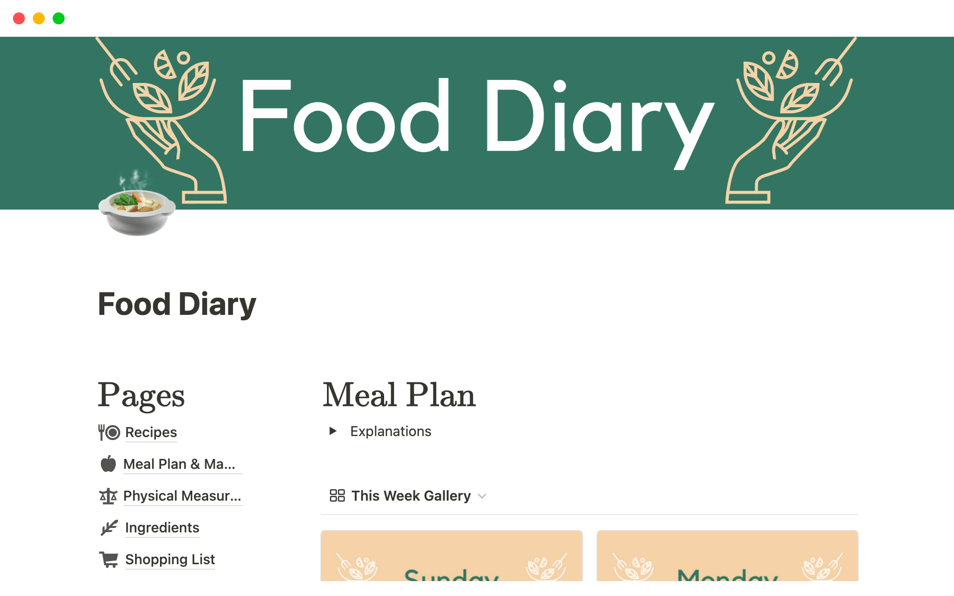 En förhandsgranskning av mallen för The Notion Food Diary