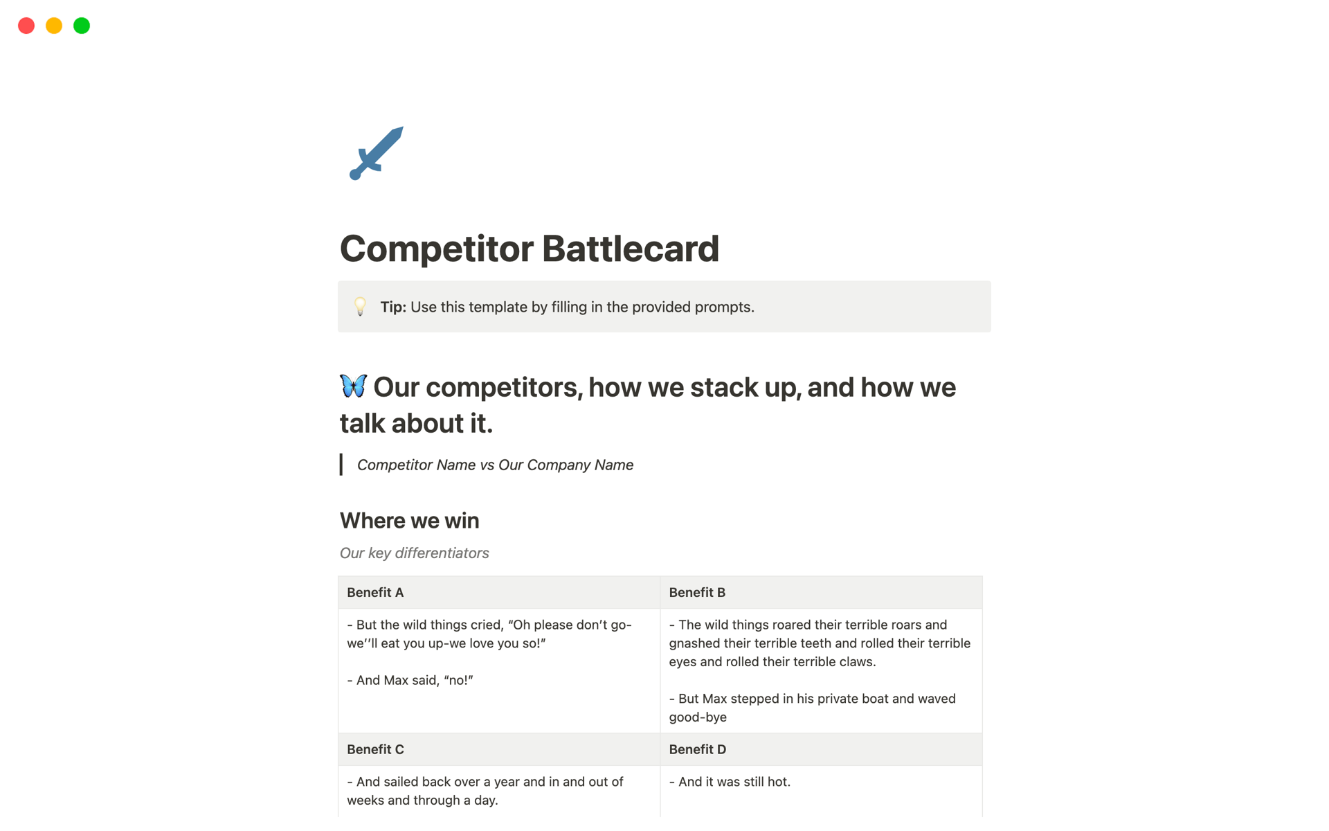 En förhandsgranskning av mallen för Competitor Battlecards
