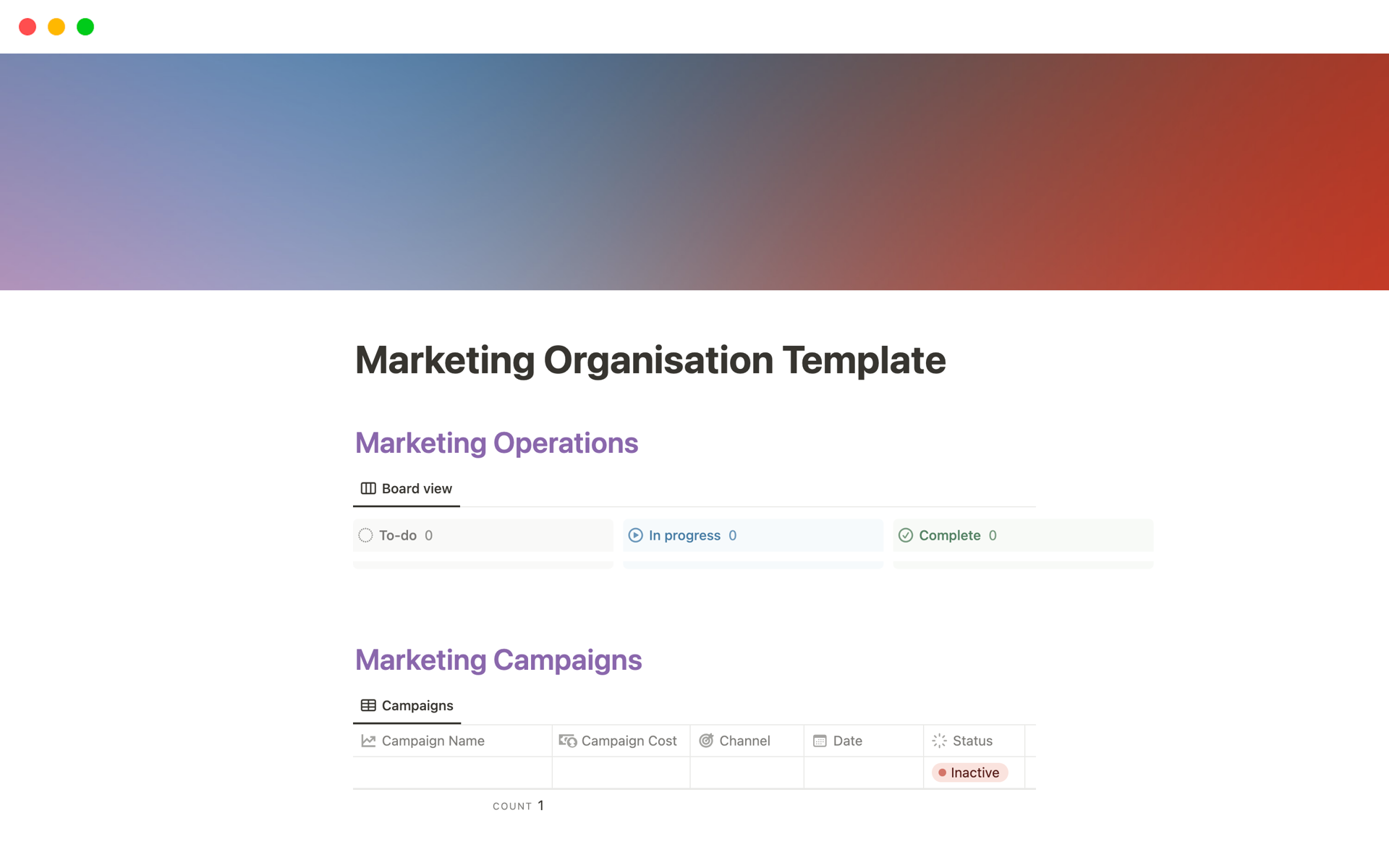 En forhåndsvisning av mal for Simple Marketing Organisation & Tracking