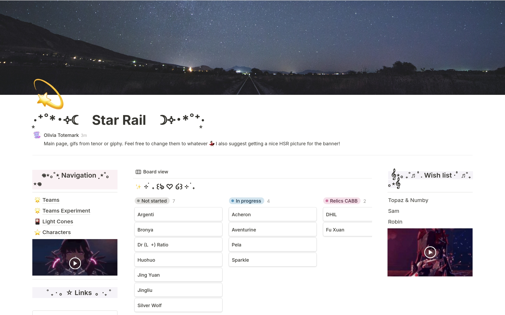 En förhandsgranskning av mallen för Honkai Star Rail - Team Planner
