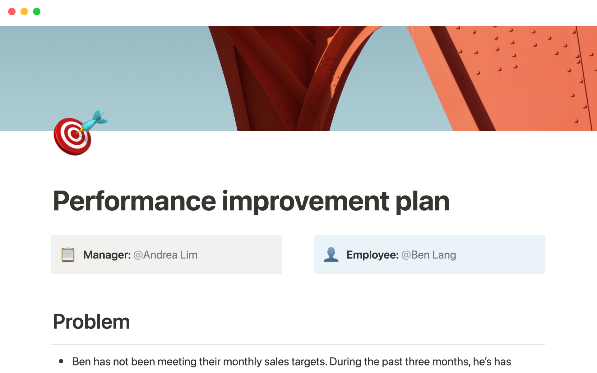 Vista previa de una plantilla para Performance improvement plan