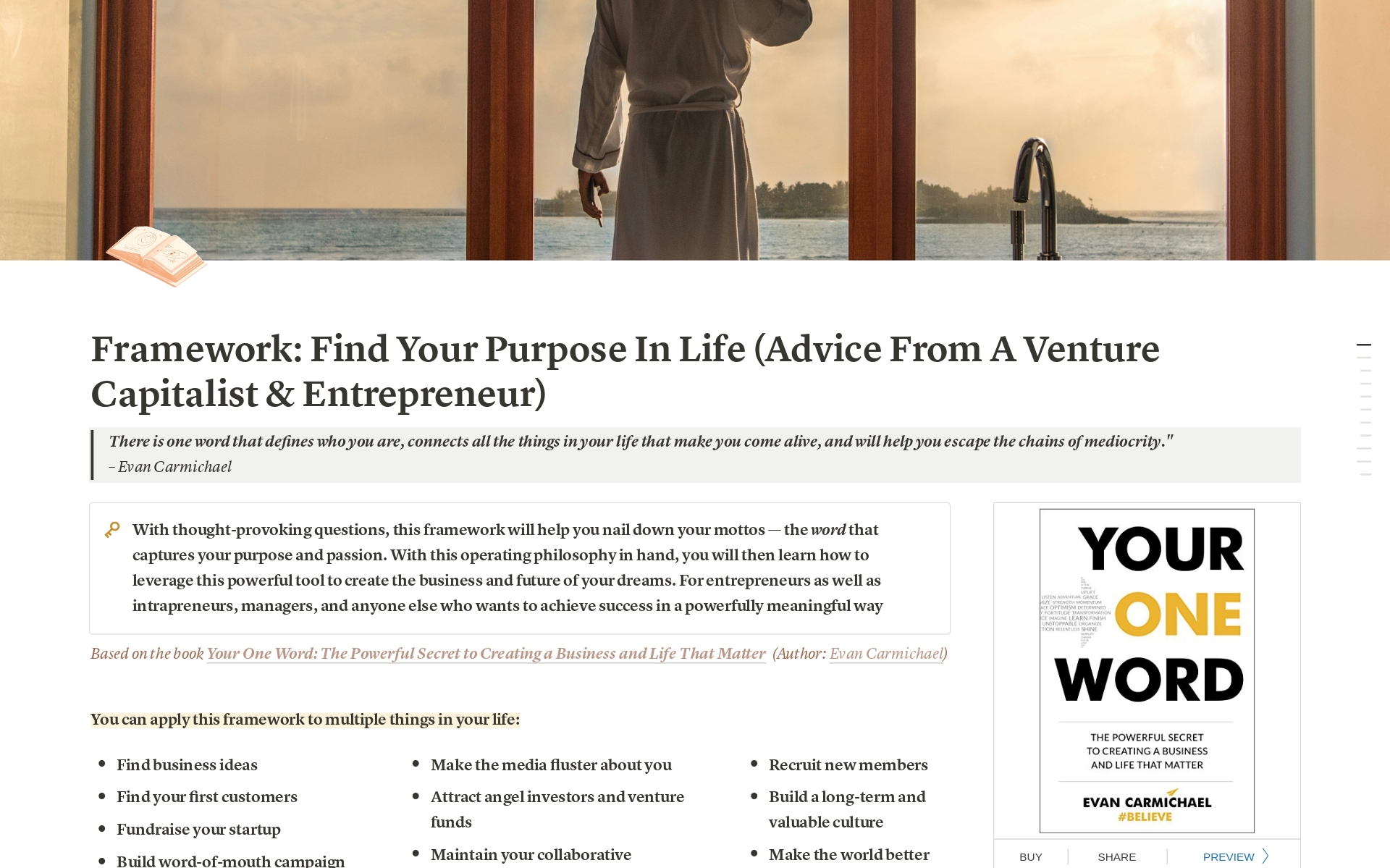 En forhåndsvisning av mal for Framework: Find Your Purpose In Life 