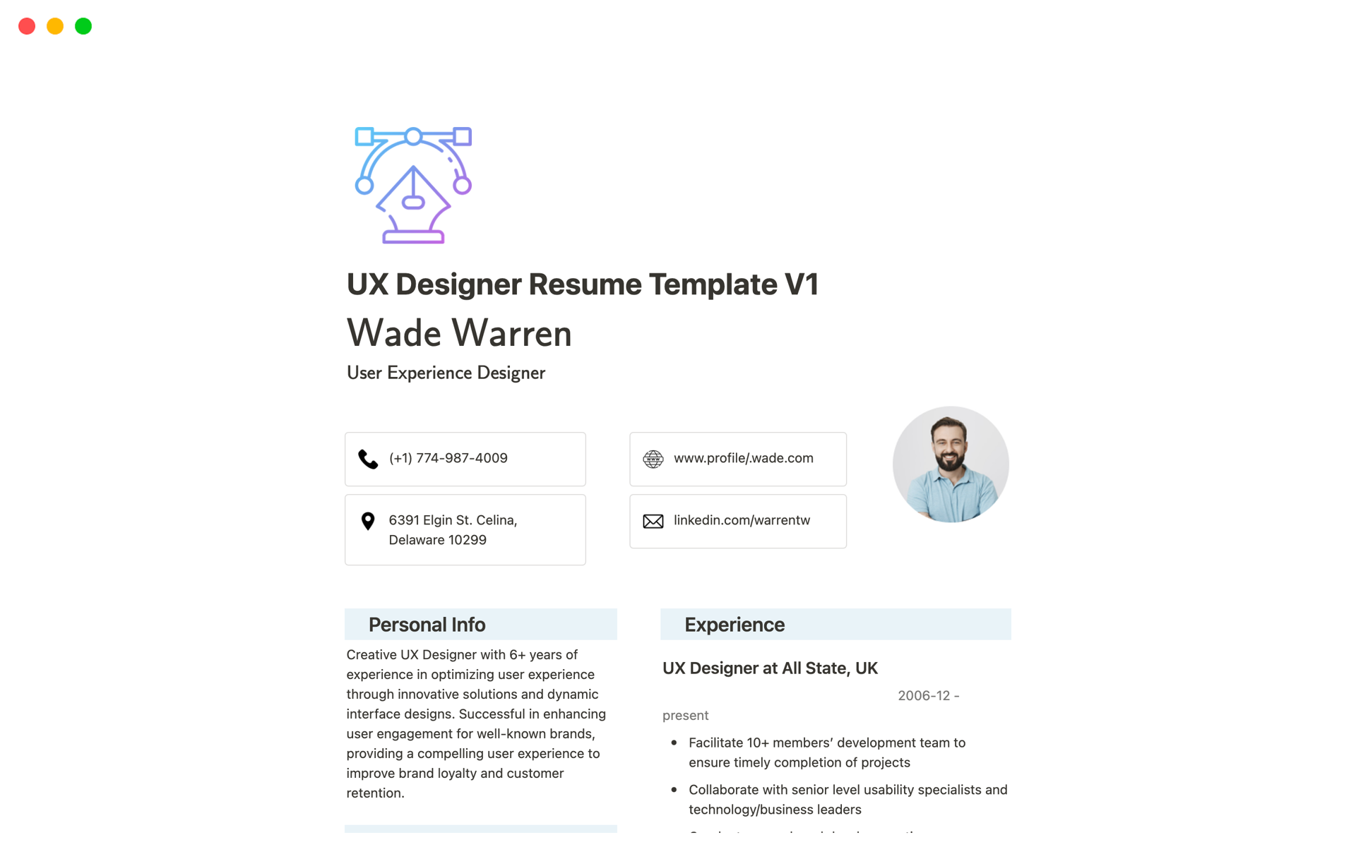 En forhåndsvisning av mal for UX Designer Resume