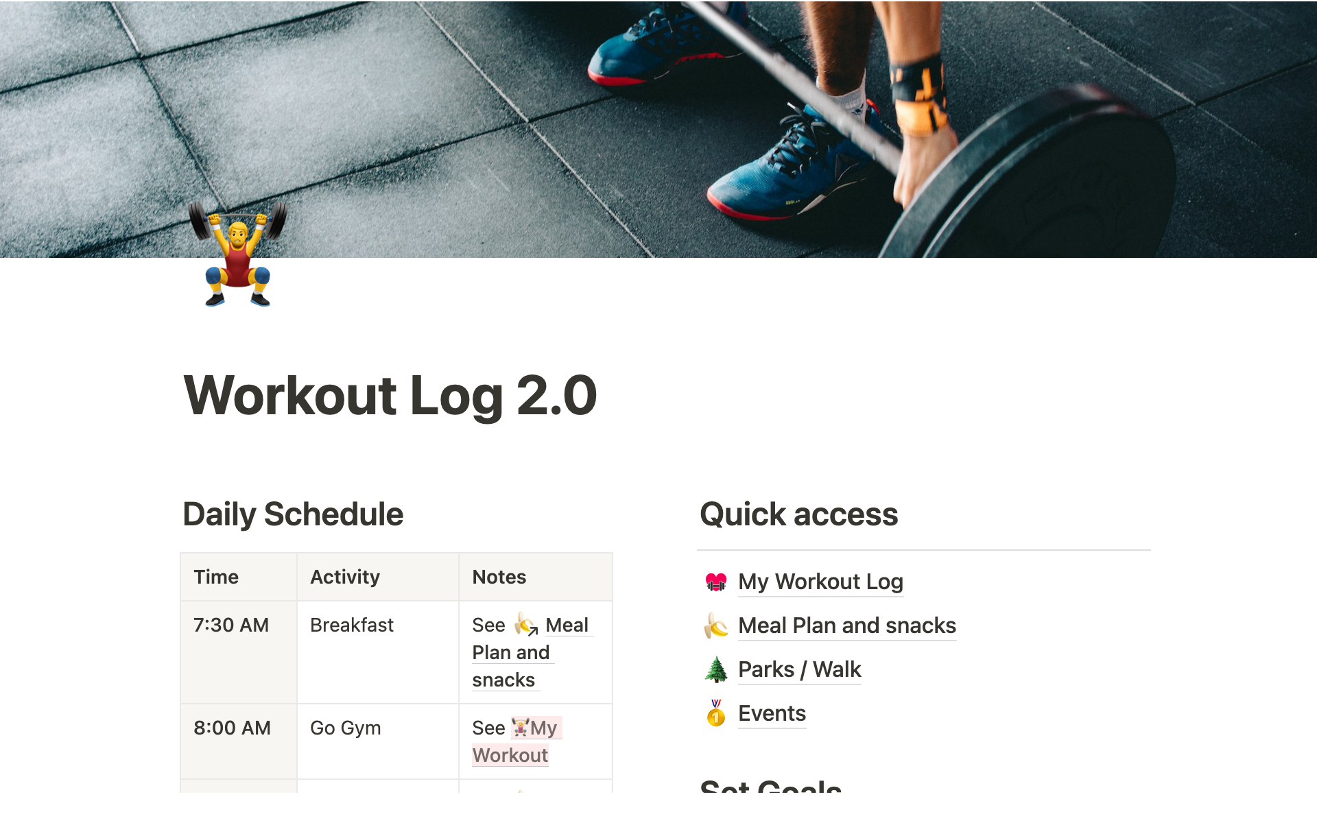 En forhåndsvisning av mal for Workout Log 2.0