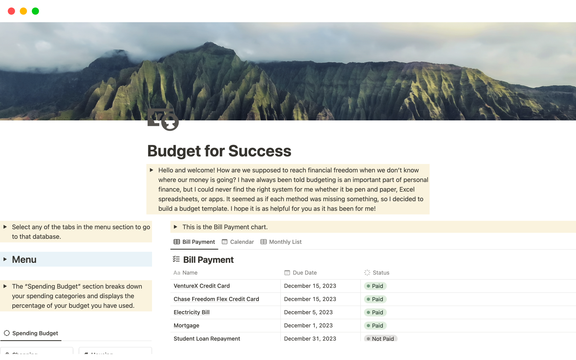 A template preview for Budget for Success