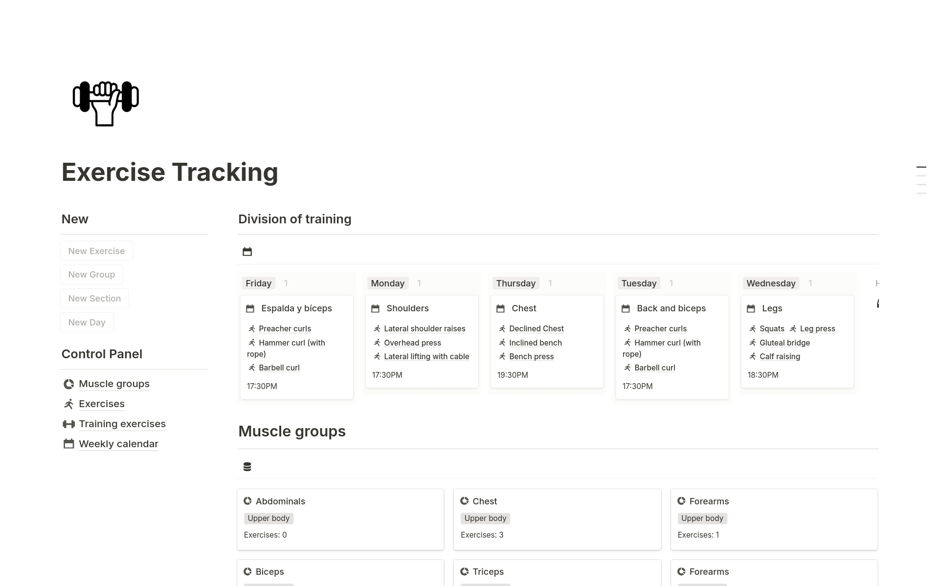 A template preview for Exercise Tracking 