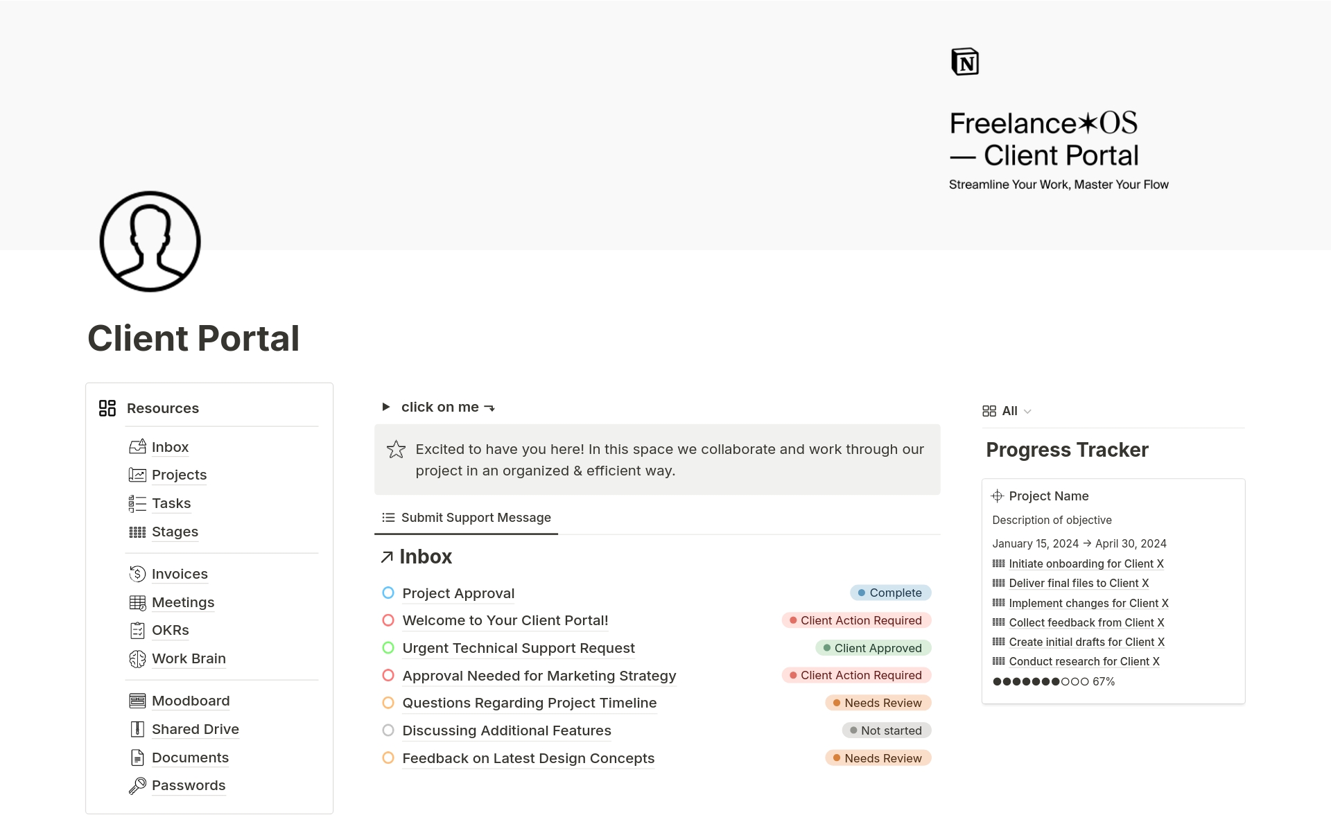 The “Client Portal” is your all-in-one solution for effective project management and client collaboration. This template designed to simplify your freelance workflow, ensure project success and simplifies client interaction & project management.
