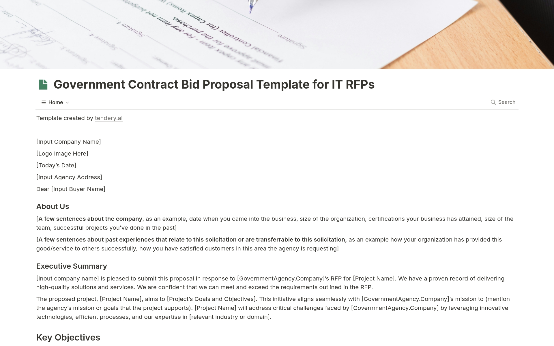 En förhandsgranskning av mallen för Bid proposal for IT RFPs