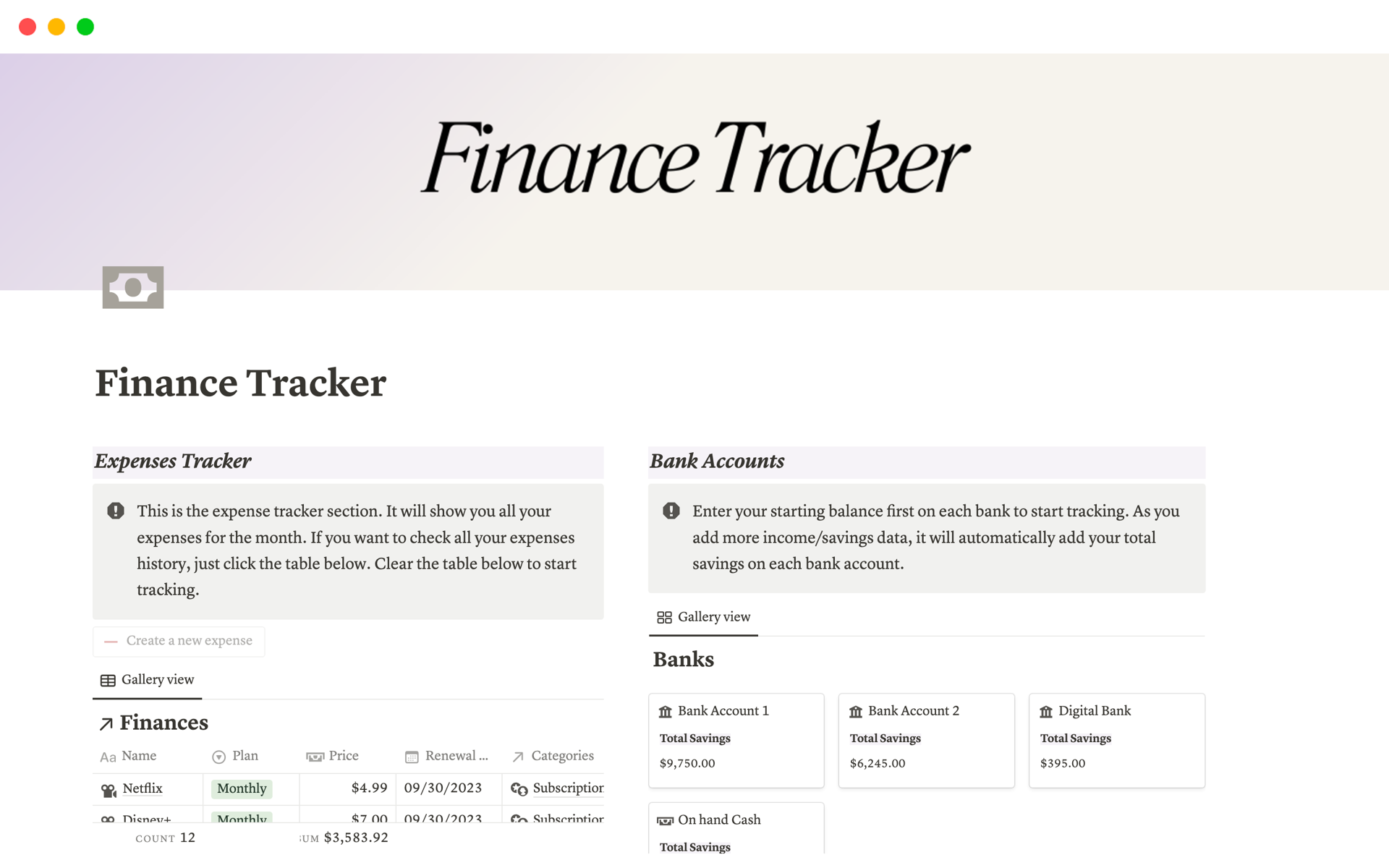 En förhandsgranskning av mallen för Finance Tracker