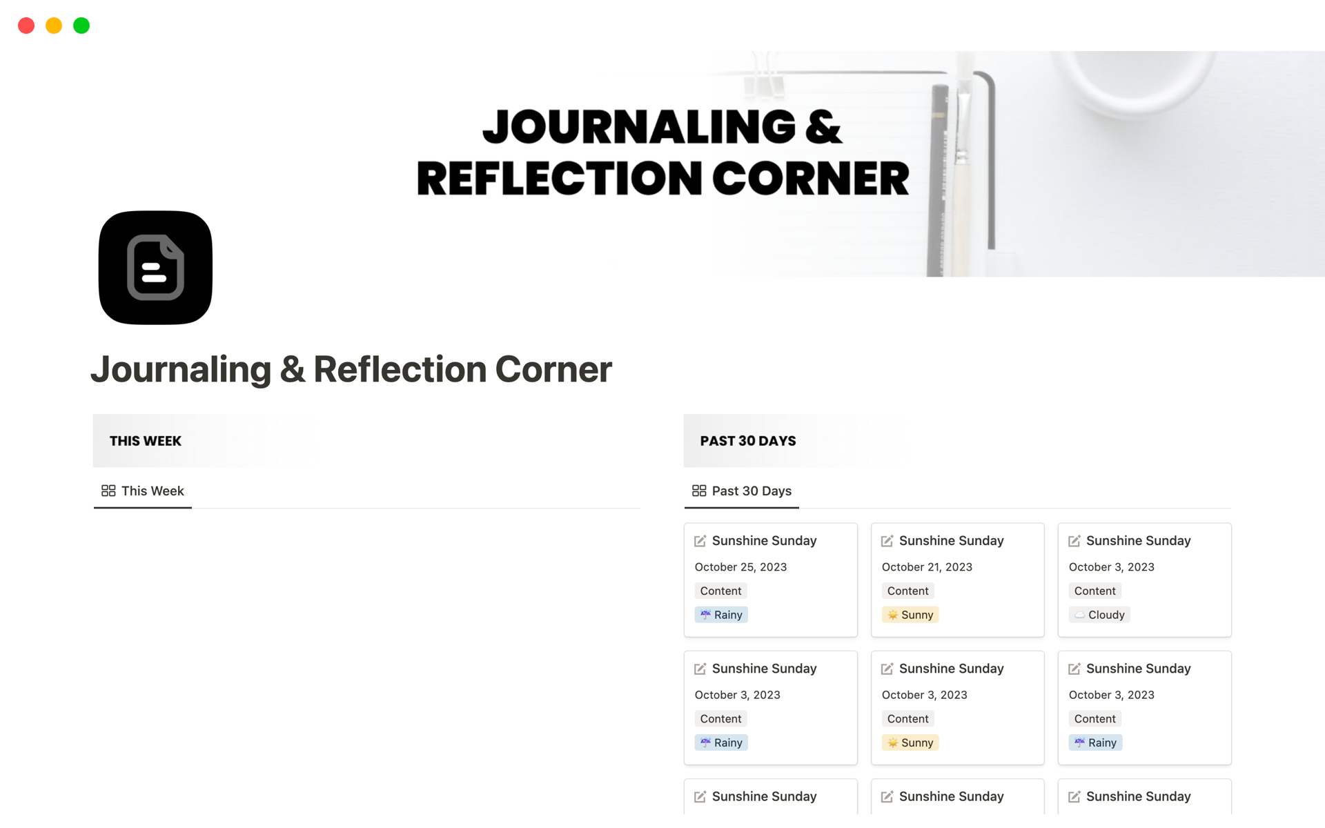 En förhandsgranskning av mallen för Journaling & Reflection Corner