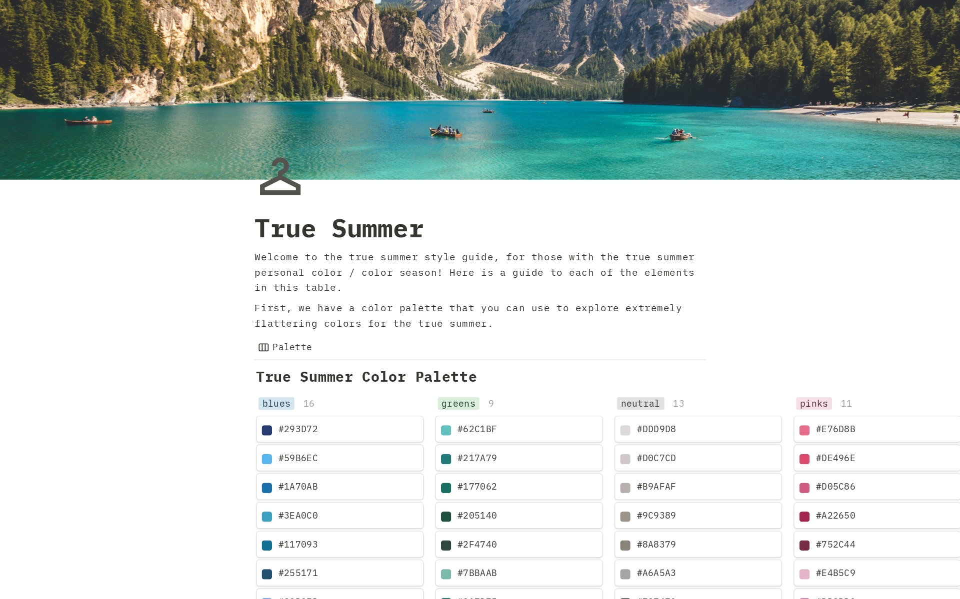 A template preview for True Summer Seasonal Color Style Guide