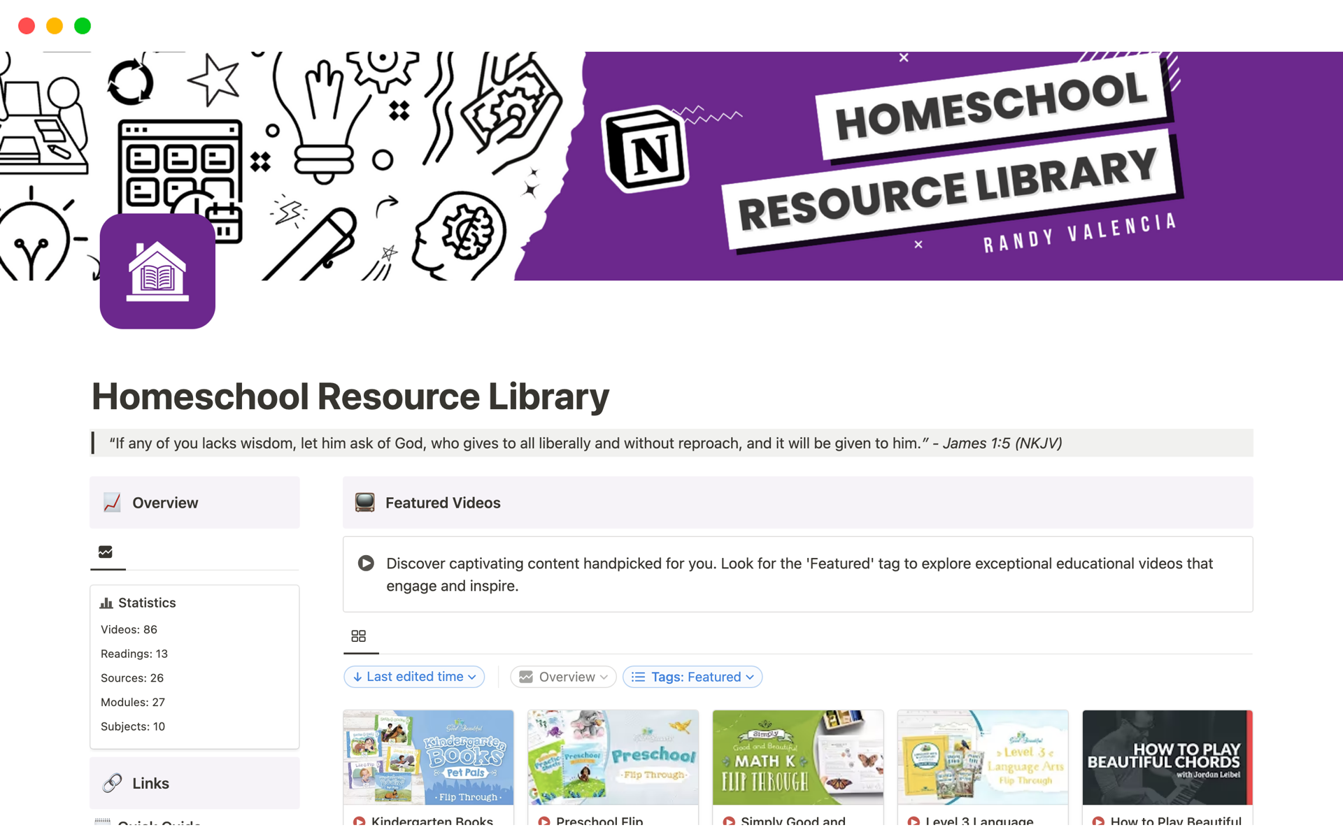 En forhåndsvisning av mal for Homeschool Resource Library