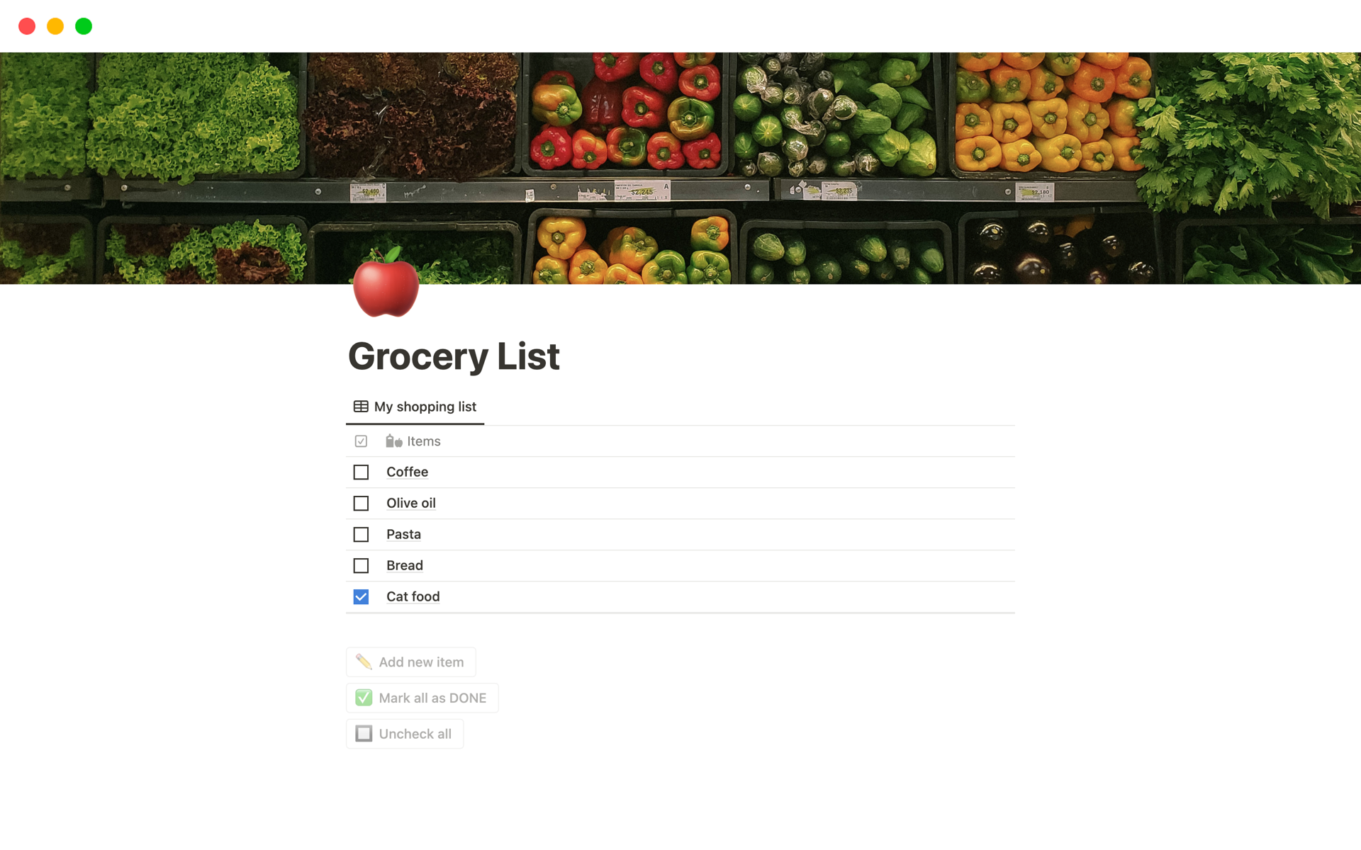 En forhåndsvisning av mal for SimpleShop: The Simplest Grocery List