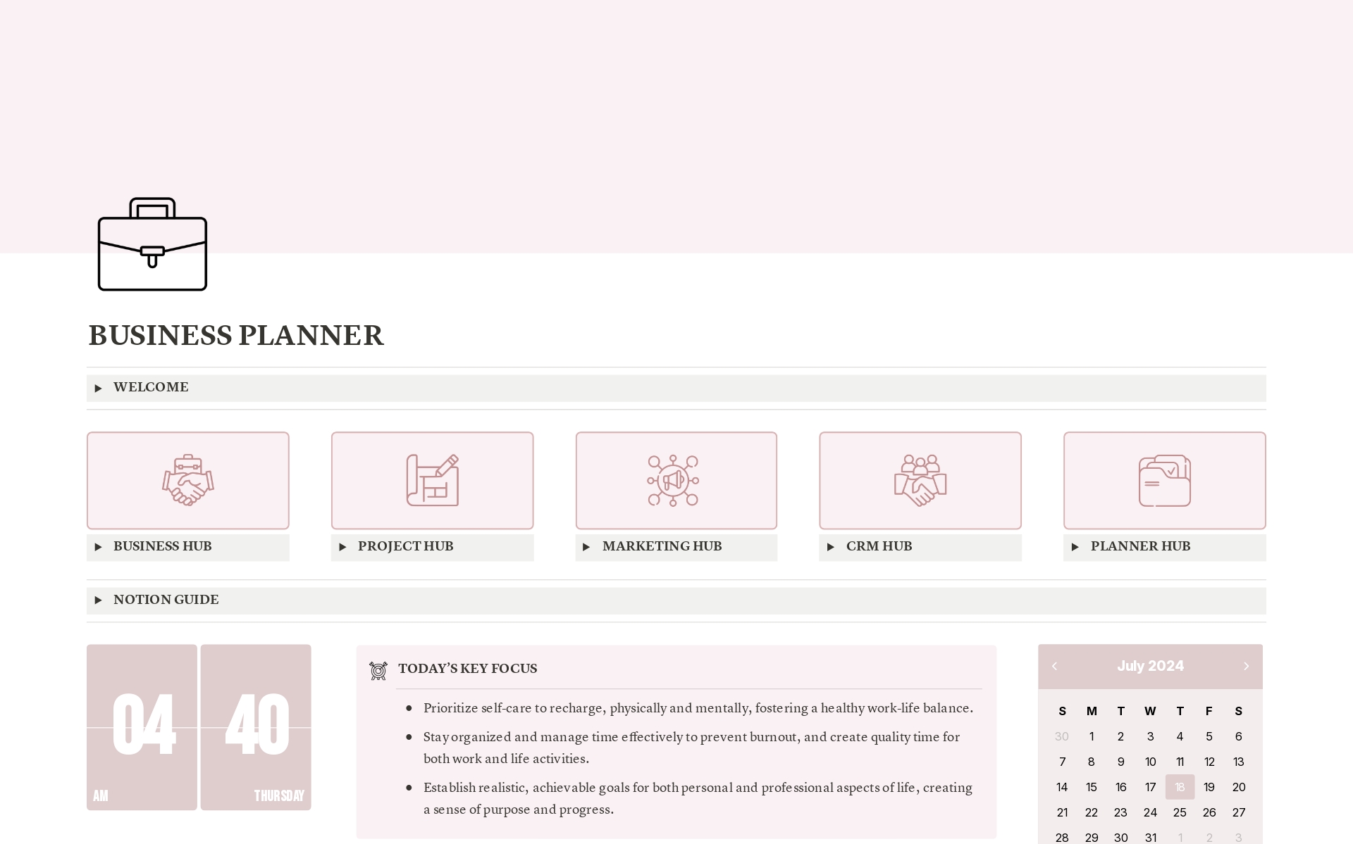 A template preview for Business Planner - Pink