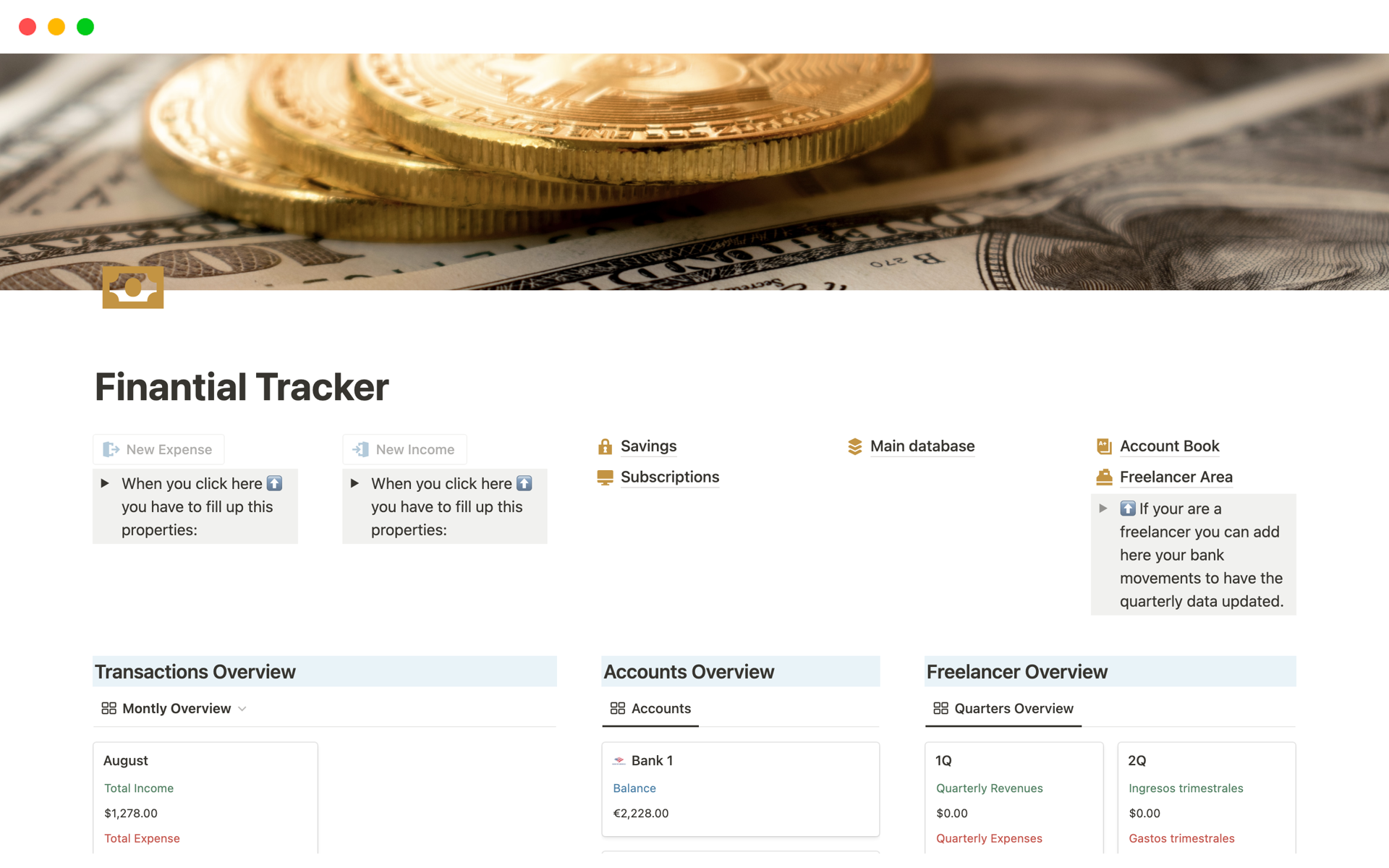 Vista previa de una plantilla para Financial Tracker