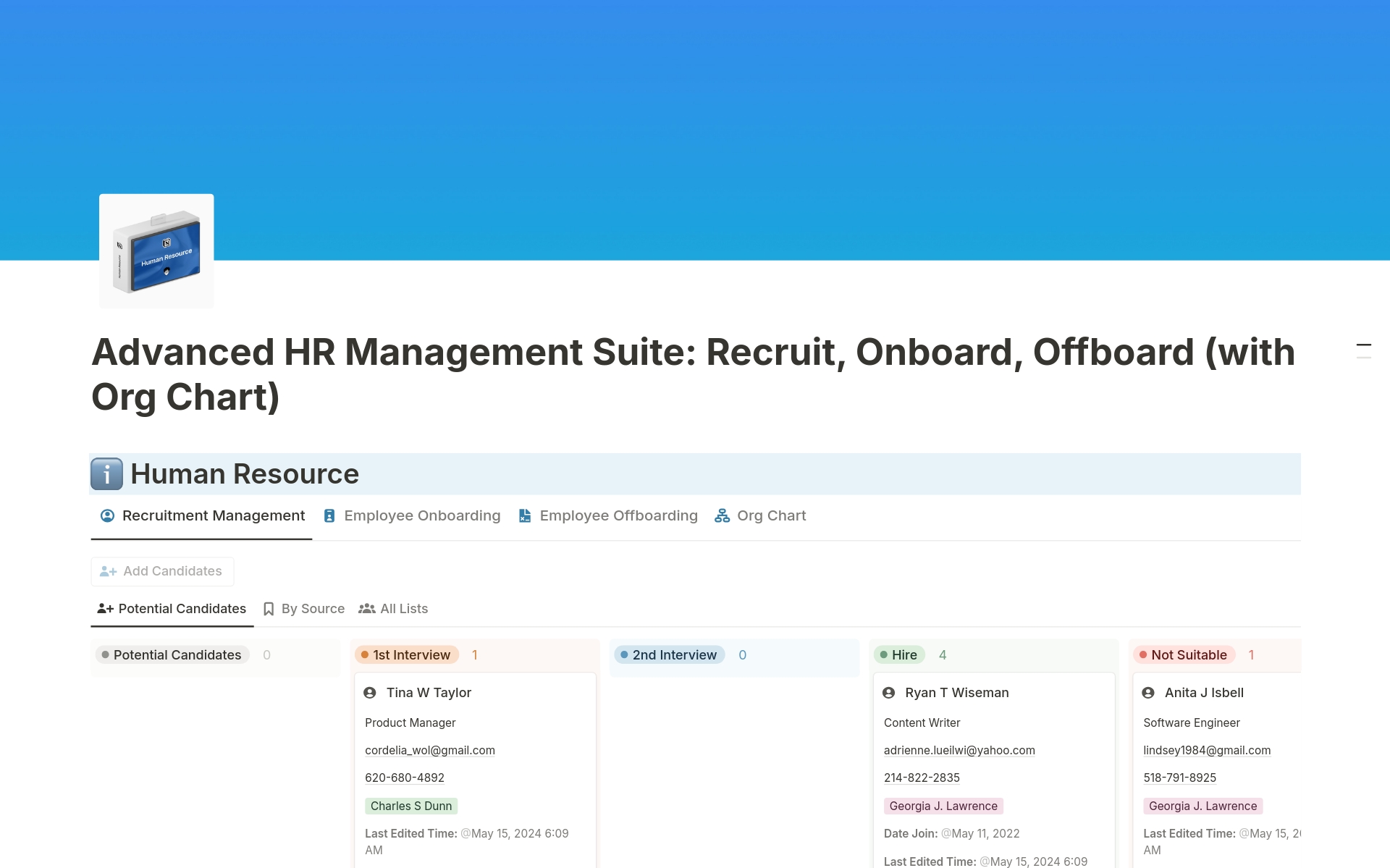 Optimize HR workflow from recruiting to offboarding:
✓ Recruitment Management: Visualize progress, detail with tables
✓ Employee Onboarding: Track tasks, view comprehensively
✓ Employee Offboarding: Manage tasks, clear overview
✓ Org Chart: Detailed info, visual company structure