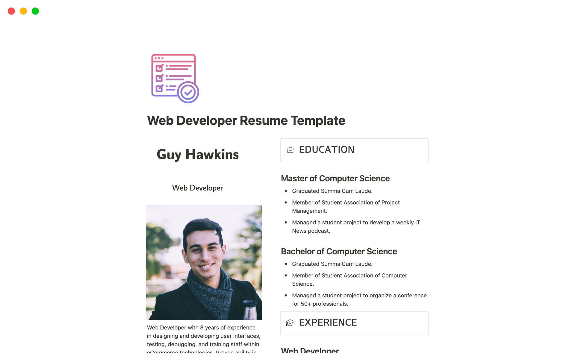 En forhåndsvisning av mal for Web Developer Resume