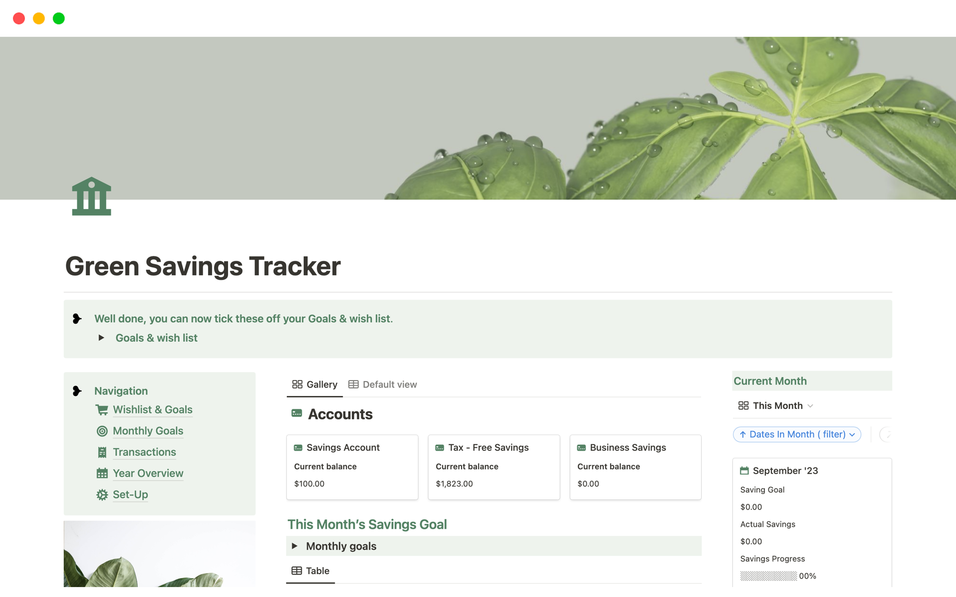 En förhandsgranskning av mallen för Green Savings Tracker