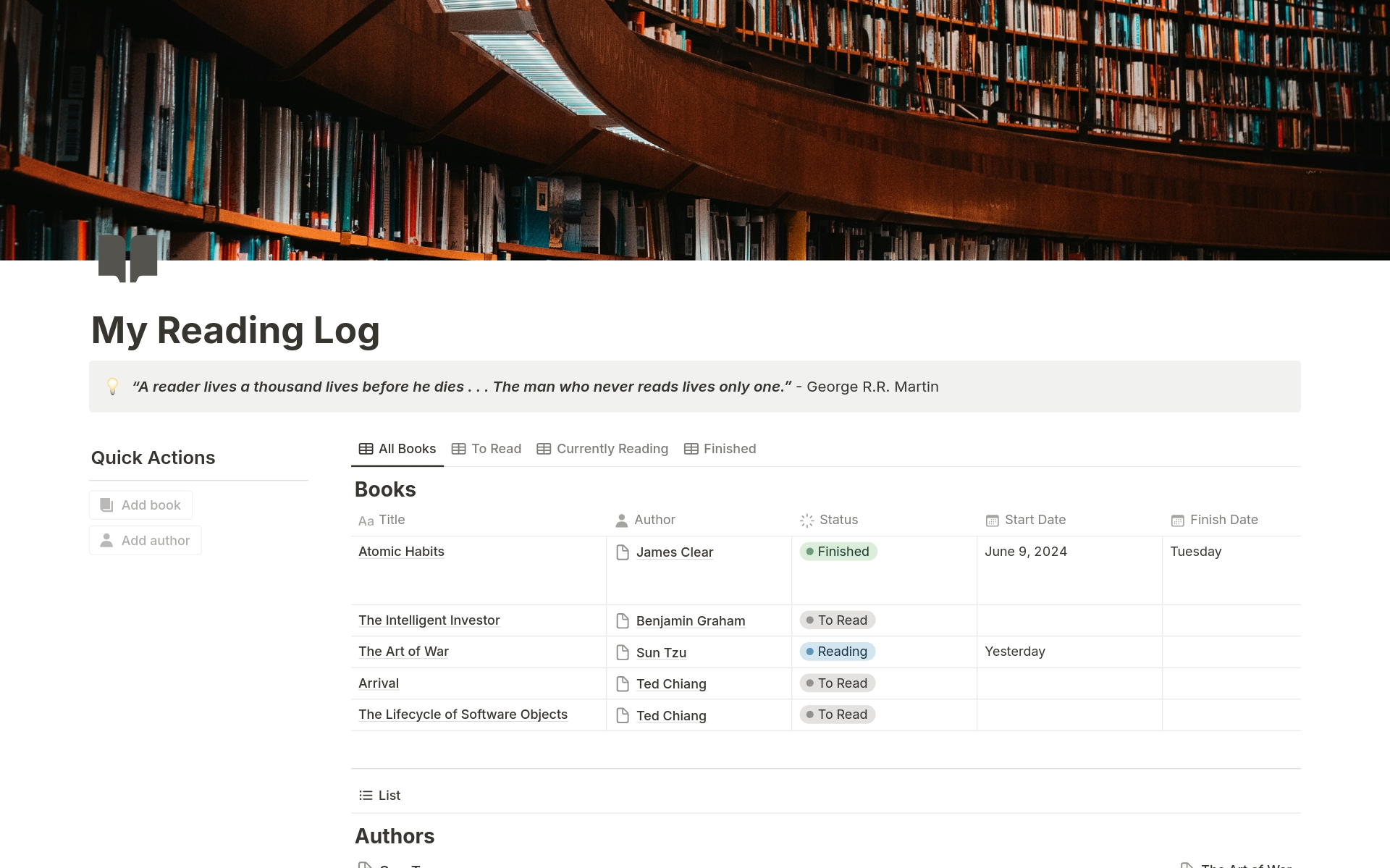 The My Reading Log template helps you track your reading journey by listing books you plan to read, are currently reading, and have finished. Update book status, record dates, rate each book, and jot down notes and favorite quotes.
